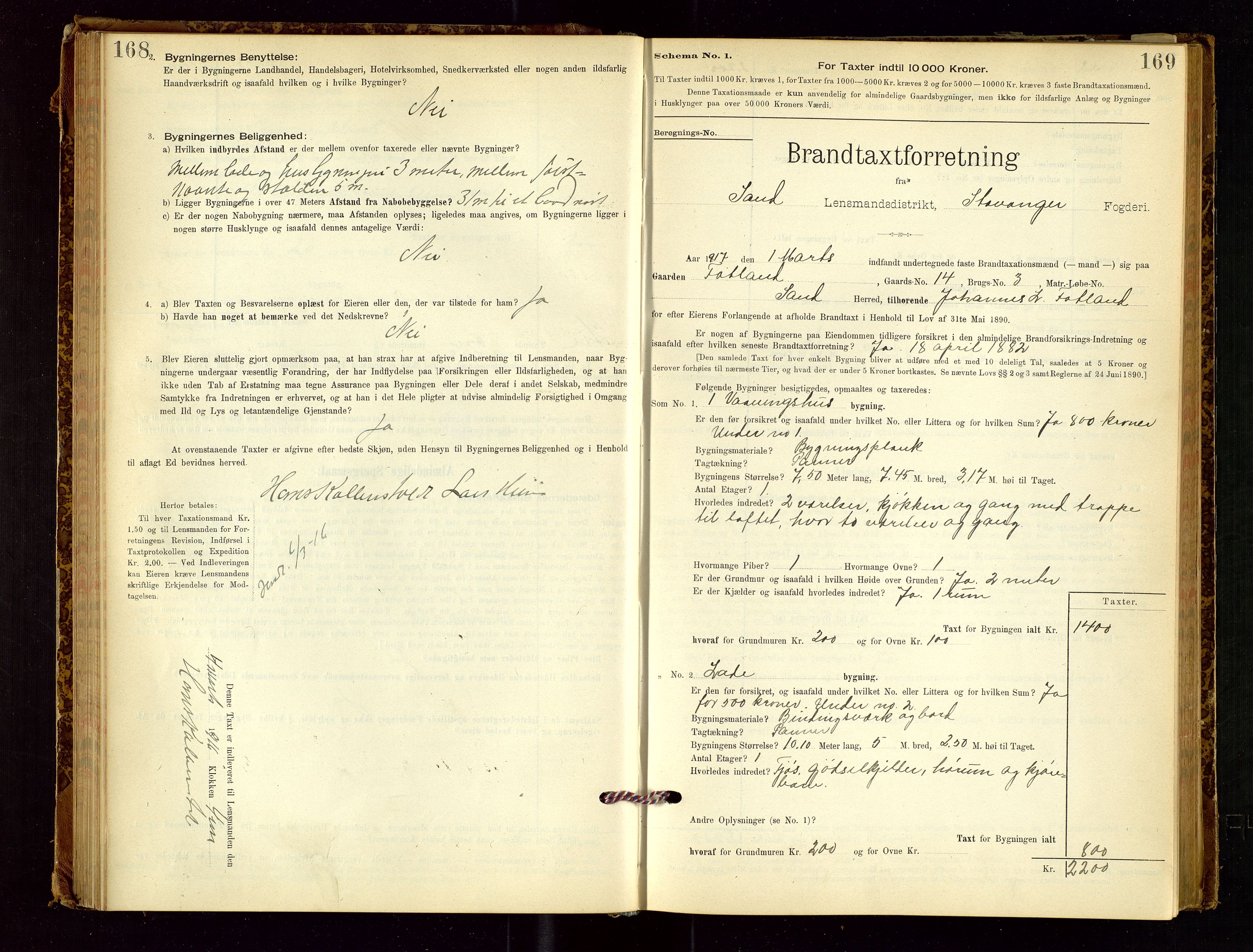 Sand lensmannskontor, AV/SAST-A-100415/Goc/L0001: "Brandtaxationsprotokol", 1895-1935, s. 168-169