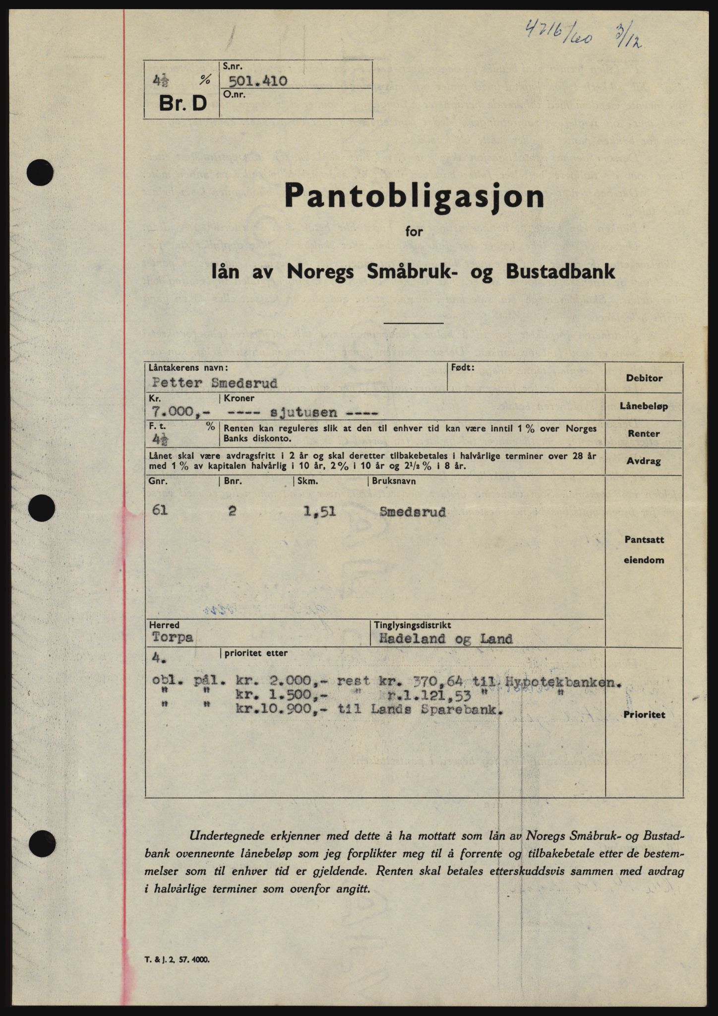 Hadeland og Land tingrett, SAH/TING-010/H/Hb/Hbc/L0044: Pantebok nr. B44, 1960-1961, Dagboknr: 4716/1960