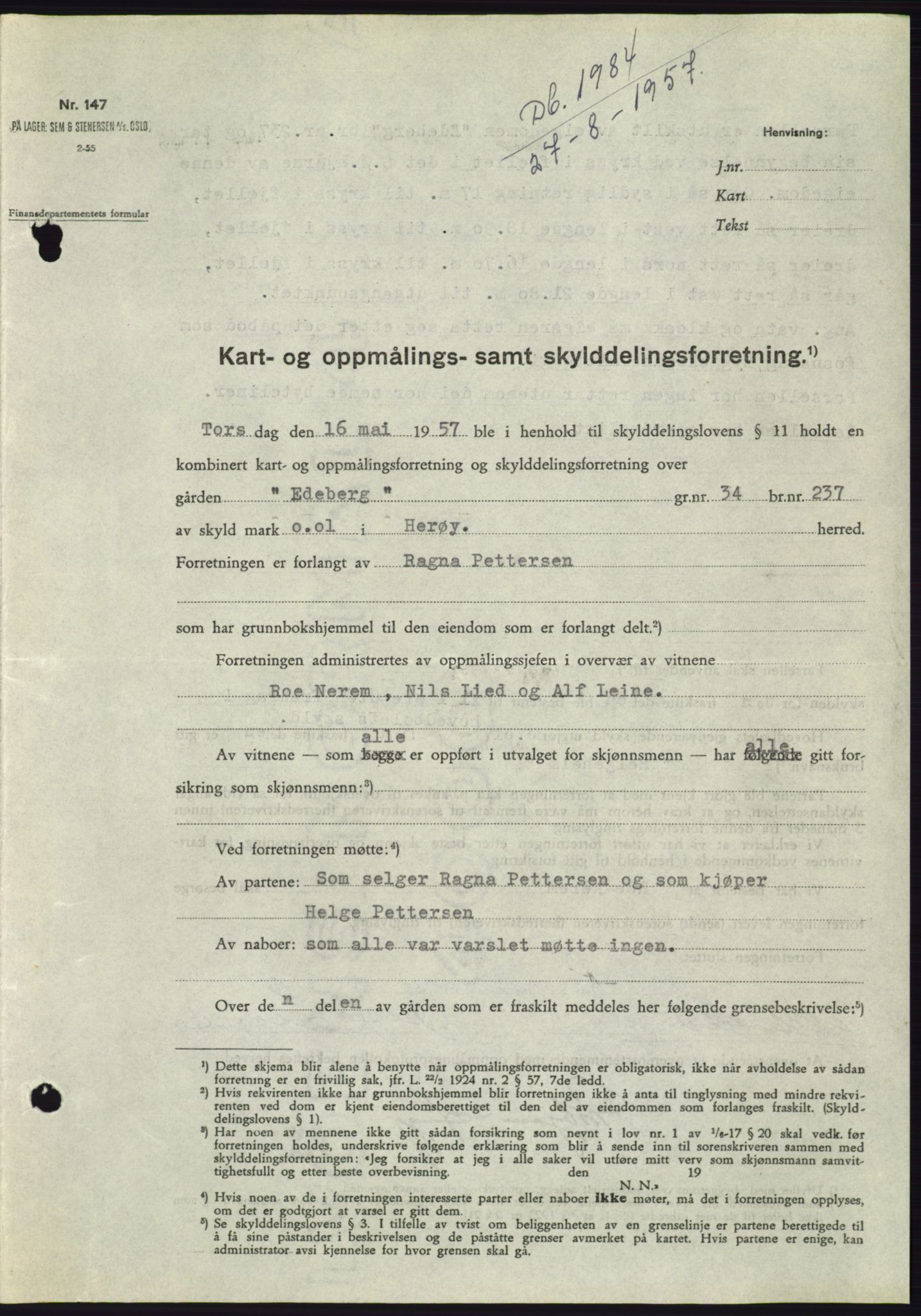 Søre Sunnmøre sorenskriveri, SAT/A-4122/1/2/2C/L0107: Pantebok nr. 33A, 1957-1957, Dagboknr: 1984/1957
