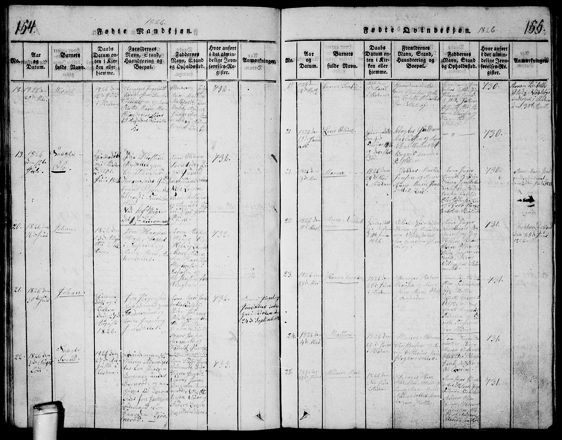 Glemmen prestekontor Kirkebøker, AV/SAO-A-10908/G/Ga/L0001: Klokkerbok nr. 1, 1816-1838, s. 154-155
