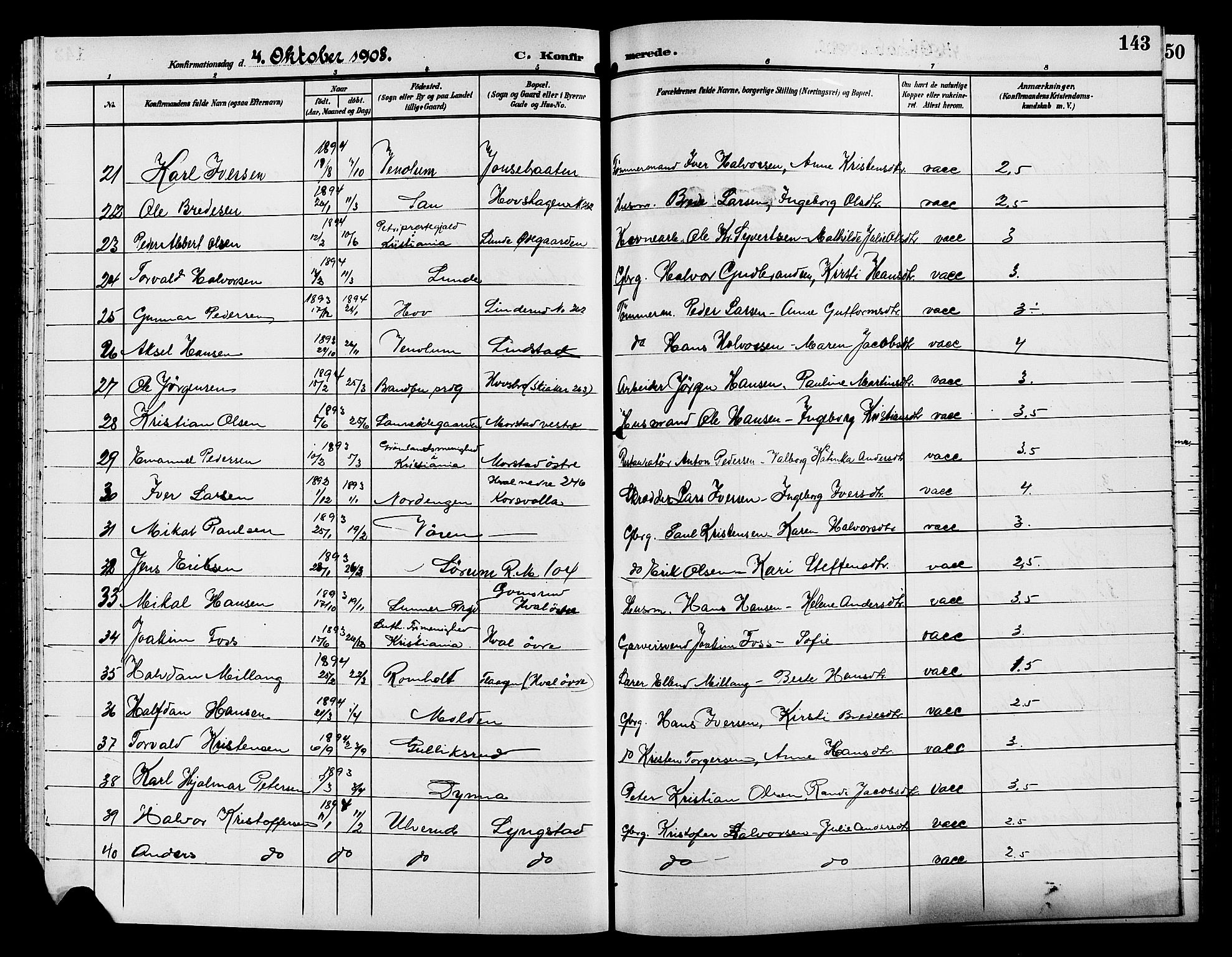 Gran prestekontor, AV/SAH-PREST-112/H/Ha/Hab/L0006: Klokkerbok nr. 6, 1901-1911, s. 143