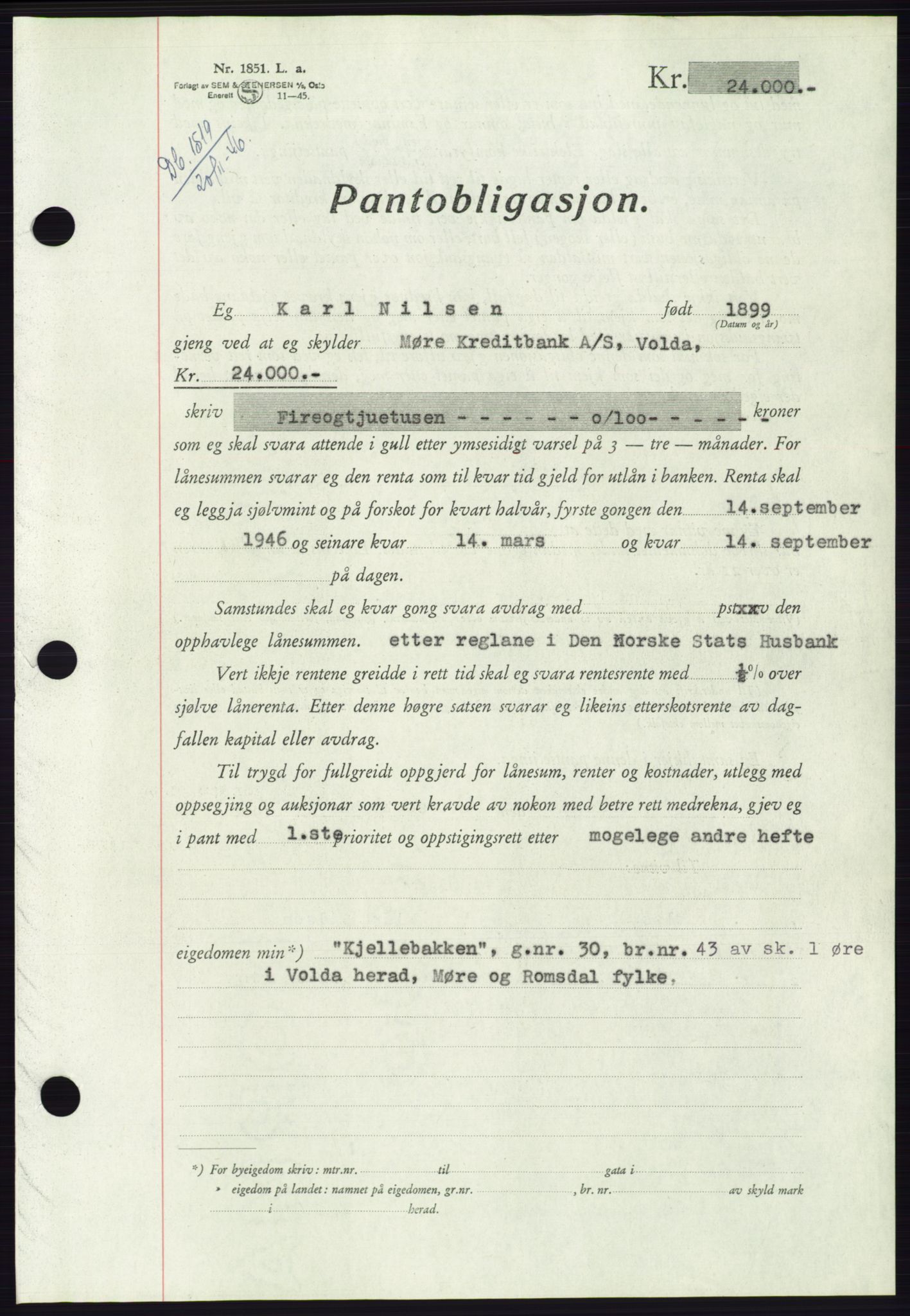 Søre Sunnmøre sorenskriveri, AV/SAT-A-4122/1/2/2C/L0114: Pantebok nr. 1-2B, 1943-1947, Dagboknr: 1519/1946