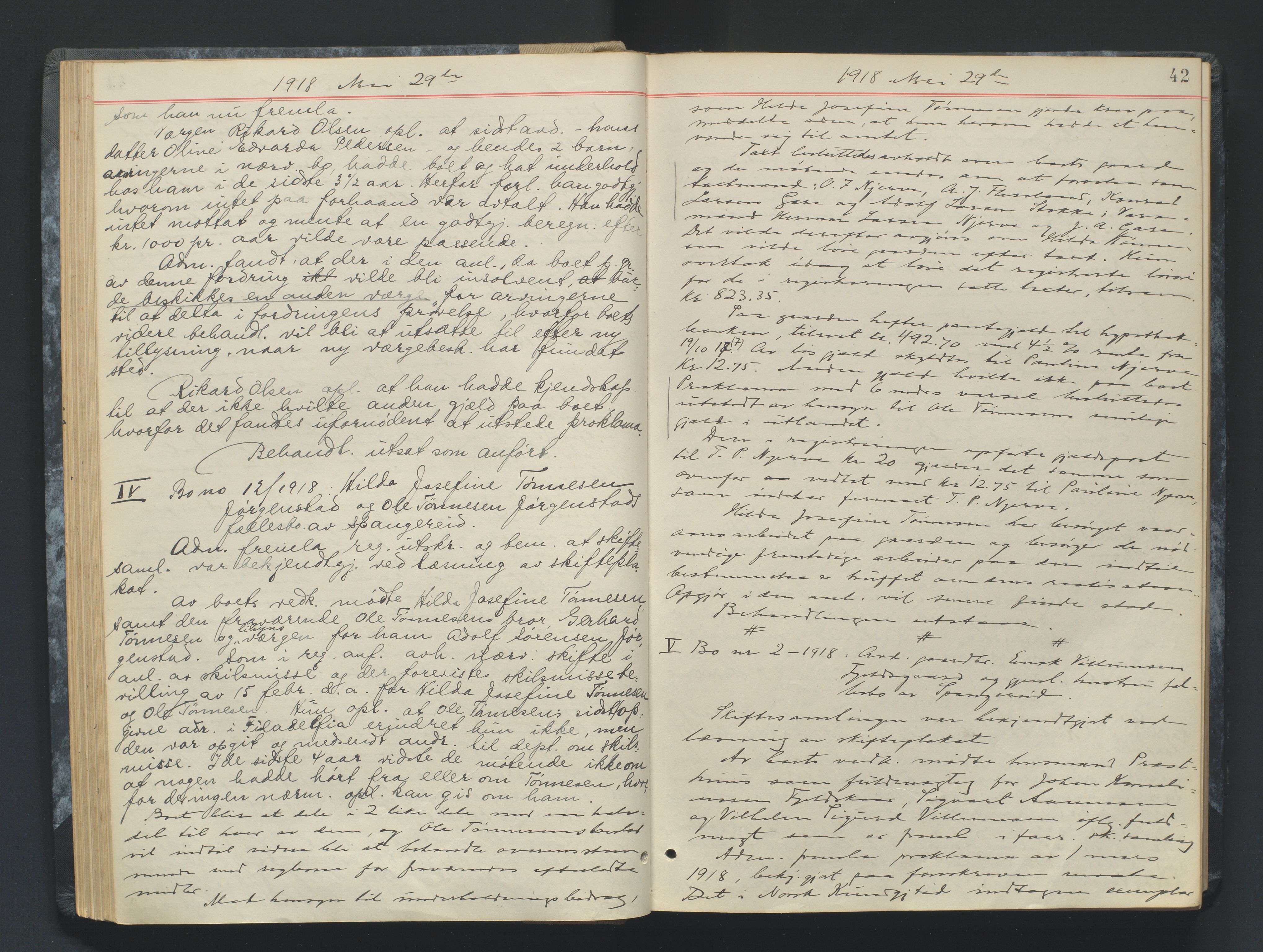 Mandal sorenskriveri, AV/SAK-1221-0005/001/H/Hc/L0083: Skifteforhandlingsprotokoll nr 15, 1917-1921, s. 42