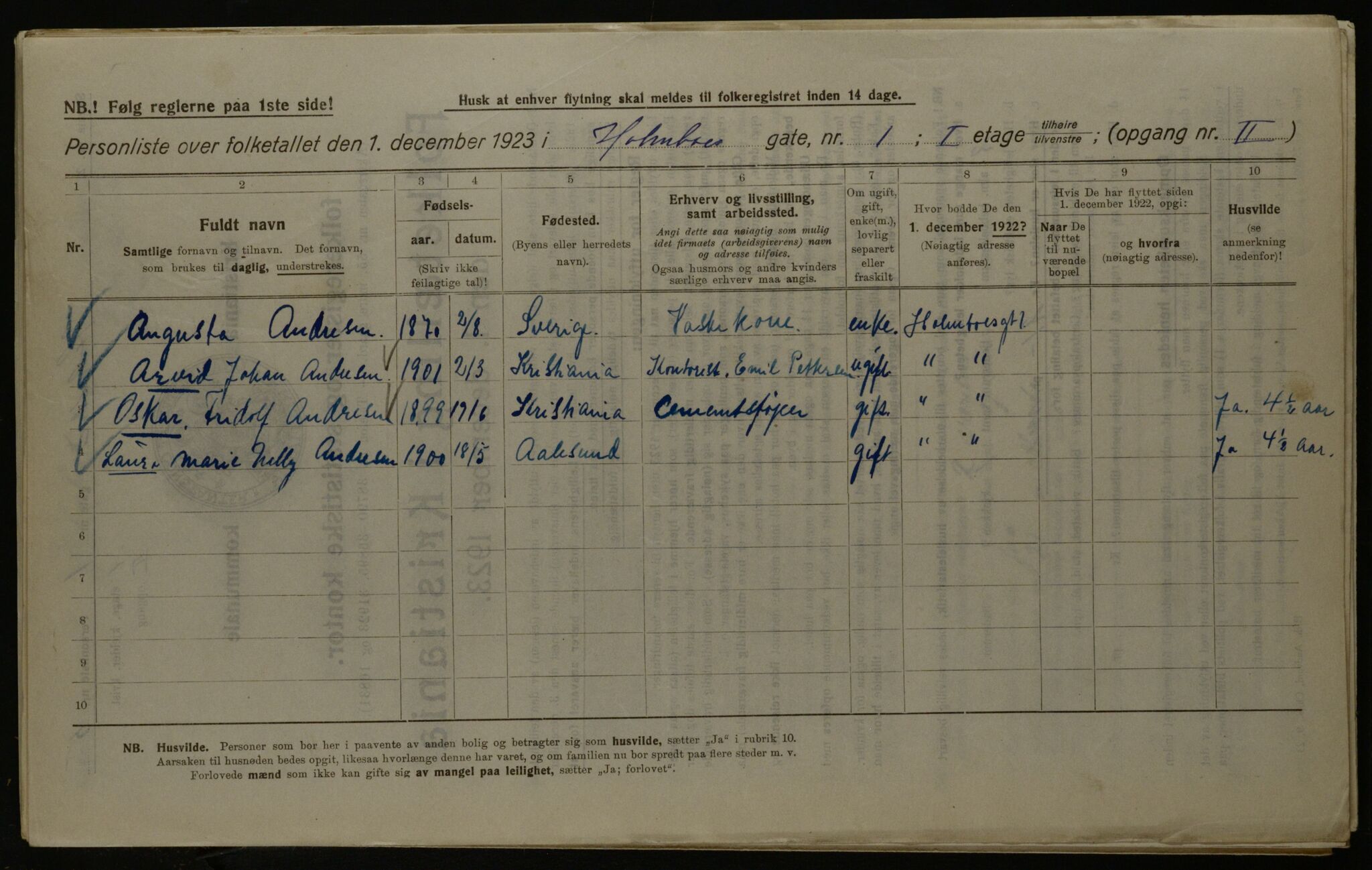 OBA, Kommunal folketelling 1.12.1923 for Kristiania, 1923, s. 45584