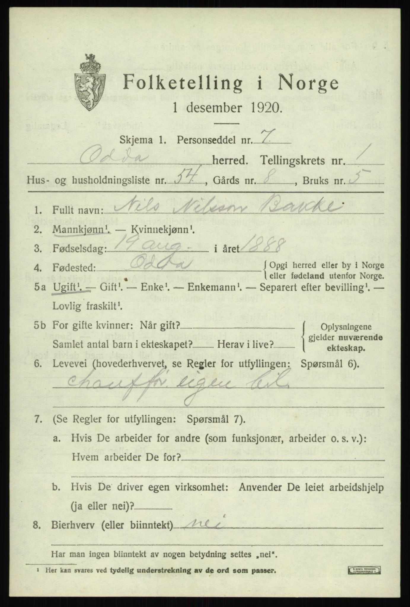 SAB, Folketelling 1920 for 1228 Odda herred, 1920, s. 1771