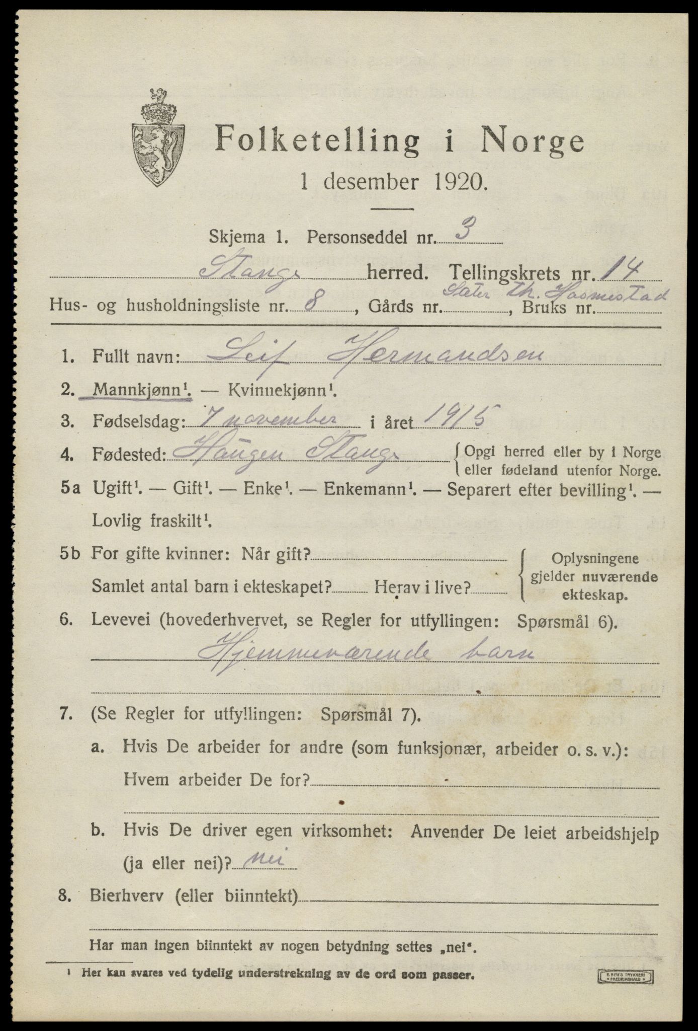 SAH, Folketelling 1920 for 0417 Stange herred, 1920, s. 19827