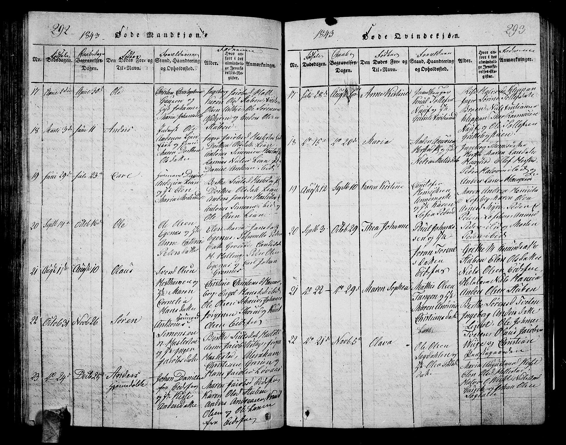 Hof kirkebøker, AV/SAKO-A-64/G/Ga/L0001: Klokkerbok nr. I 1, 1814-1844, s. 292-293