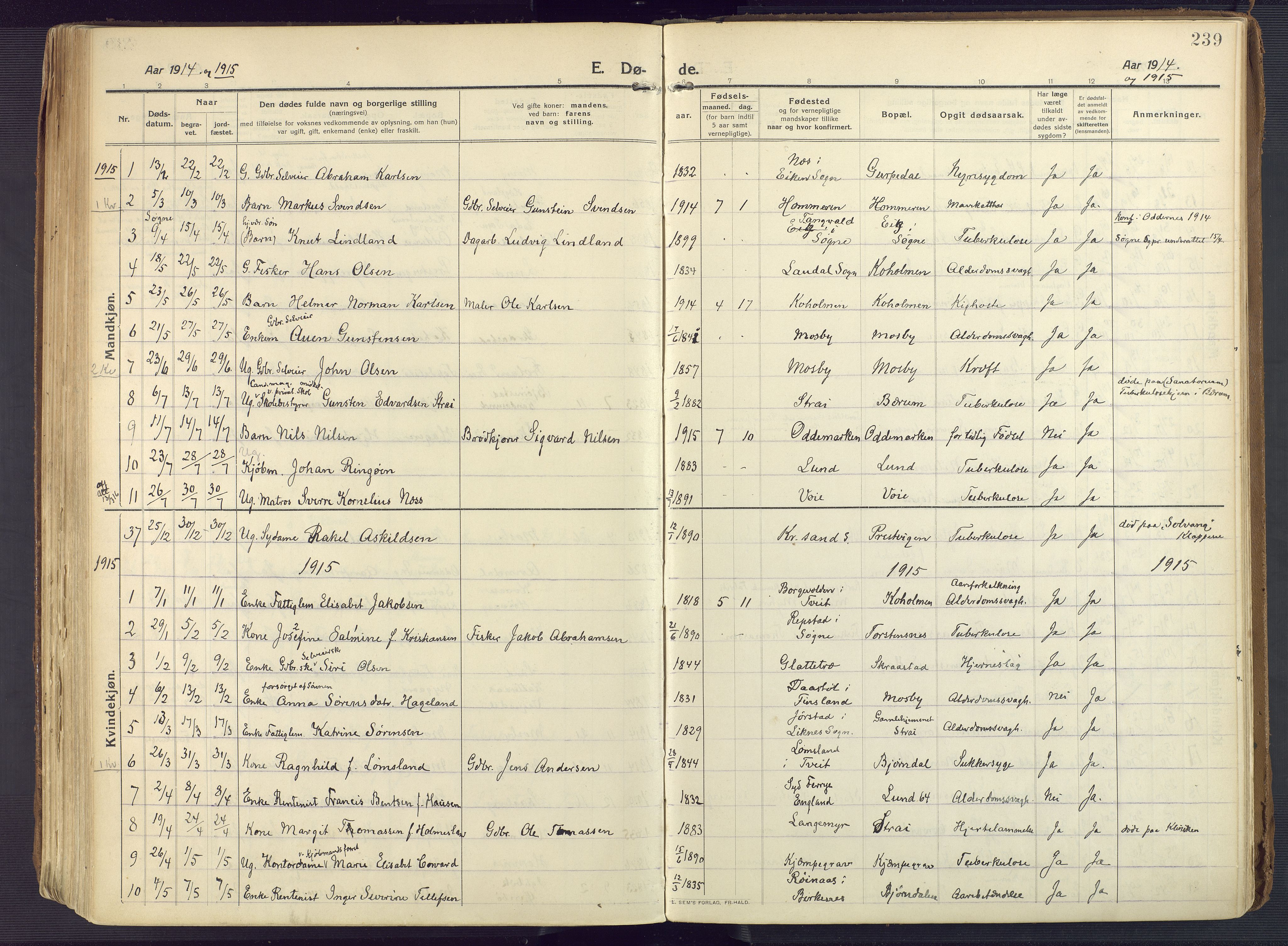 Oddernes sokneprestkontor, SAK/1111-0033/F/Fa/Faa/L0012: Ministerialbok nr. A 12, 1912-1925, s. 239