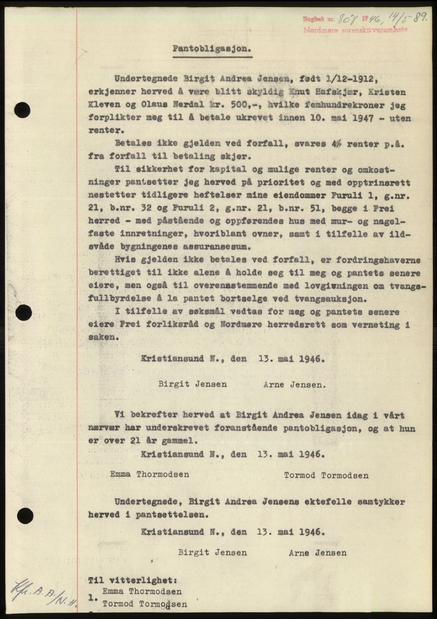 Nordmøre sorenskriveri, SAT/A-4132/1/2/2Ca: Pantebok nr. B94, 1946-1946, Dagboknr: 807/1946