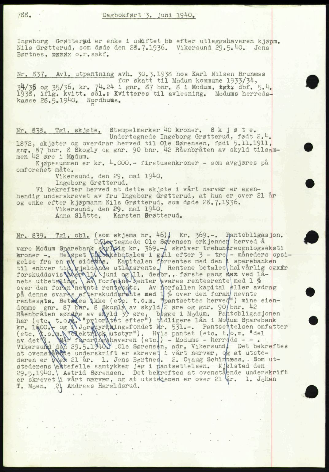 Eiker, Modum og Sigdal sorenskriveri, SAKO/A-123/G/Ga/Gab/L0041: Pantebok nr. A11, 1939-1940, Dagboknr: 837/1940