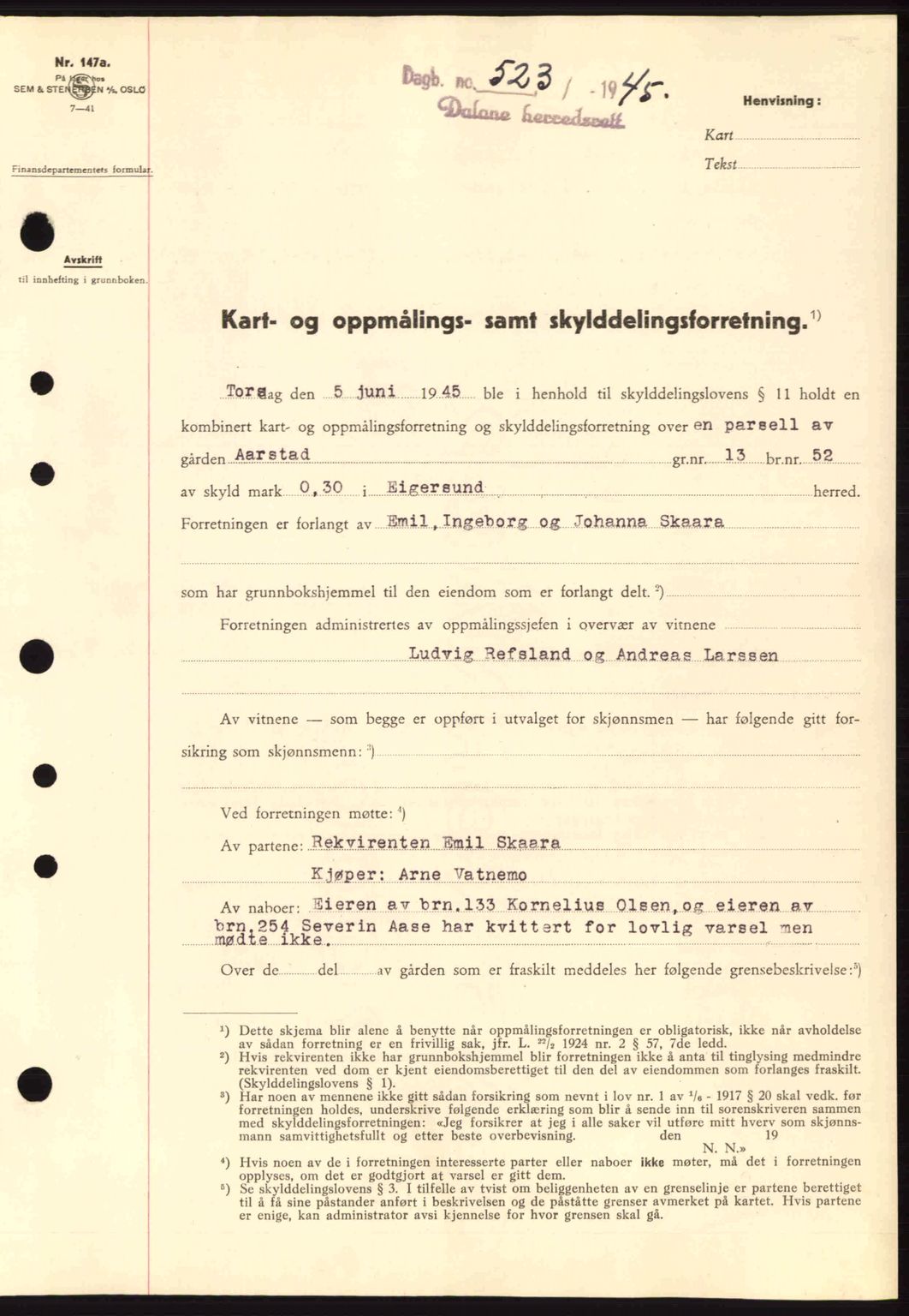 Dalane sorenskriveri, SAST/A-100309/02/G/Gb/L0047: Pantebok nr. A8 I, 1944-1945, Dagboknr: 523/1945