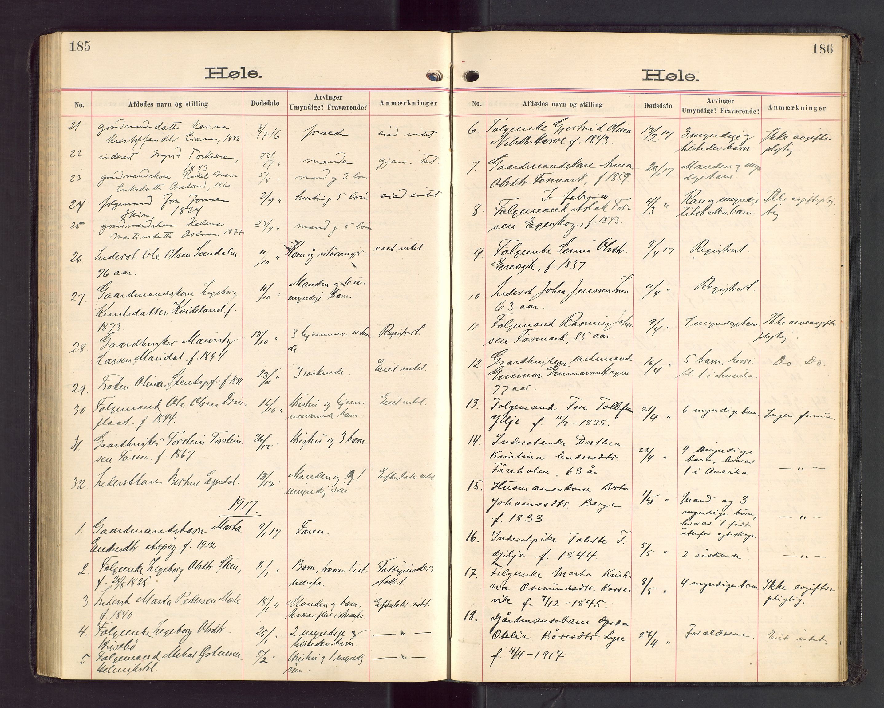 Ryfylke tingrett, AV/SAST-A-100055/001/IV/IVA/L0003: Dødsfallsprotokoll, 1913-1919, s. 185-186