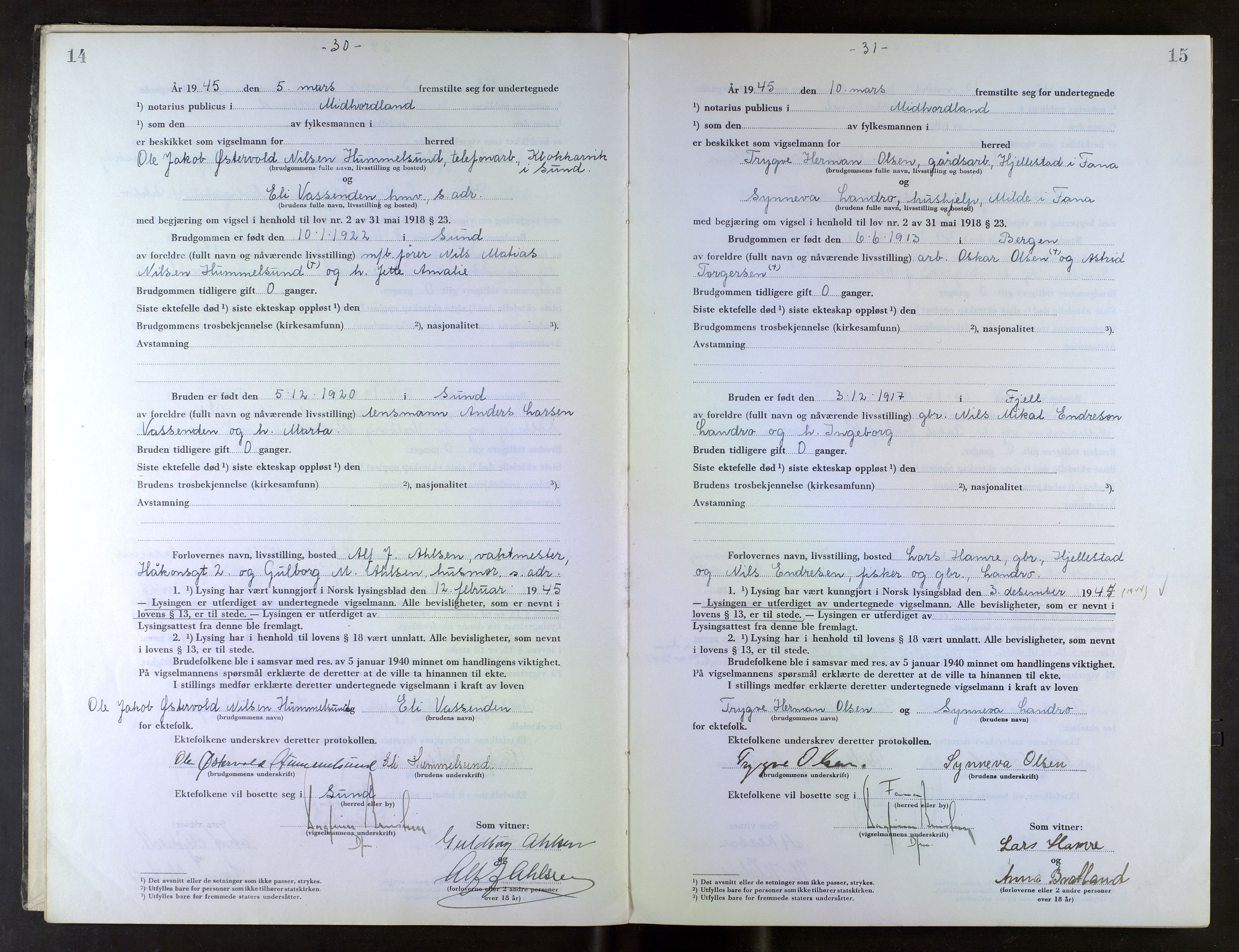 Midhordland sorenskriveri, AV/SAB-A-3001/1/M/Mc/Mca/L0007: Notarialbilag. Vigselbøker, 1945-1948, s. 14-15