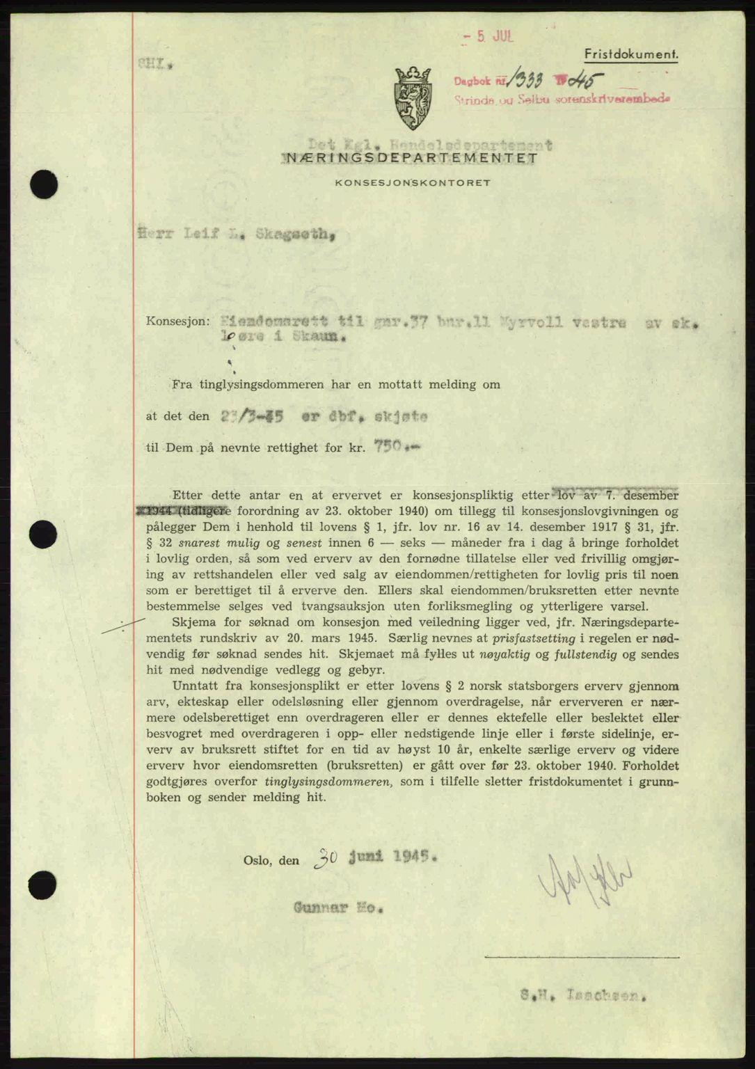 Strinda og Selbu sorenskriveri, SAT/A-0015/2/2C: Pantebok nr. A9, 1944-1945, Dagboknr: 1333/1945