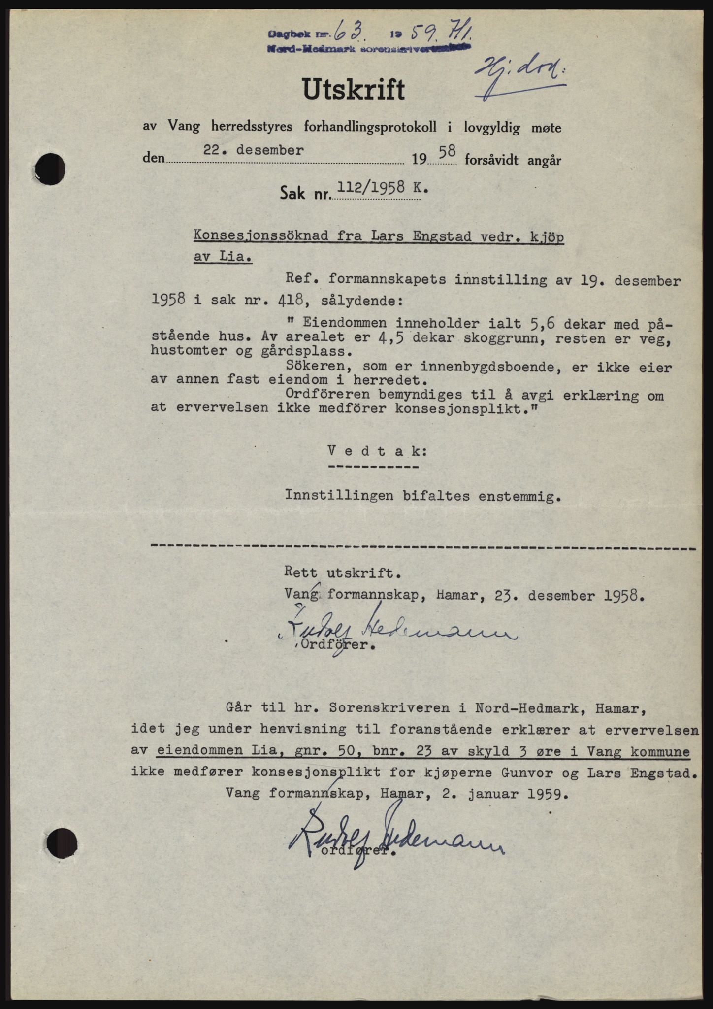 Nord-Hedmark sorenskriveri, SAH/TING-012/H/Hc/L0013: Pantebok nr. 13, 1959-1960, Dagboknr: 63/1959