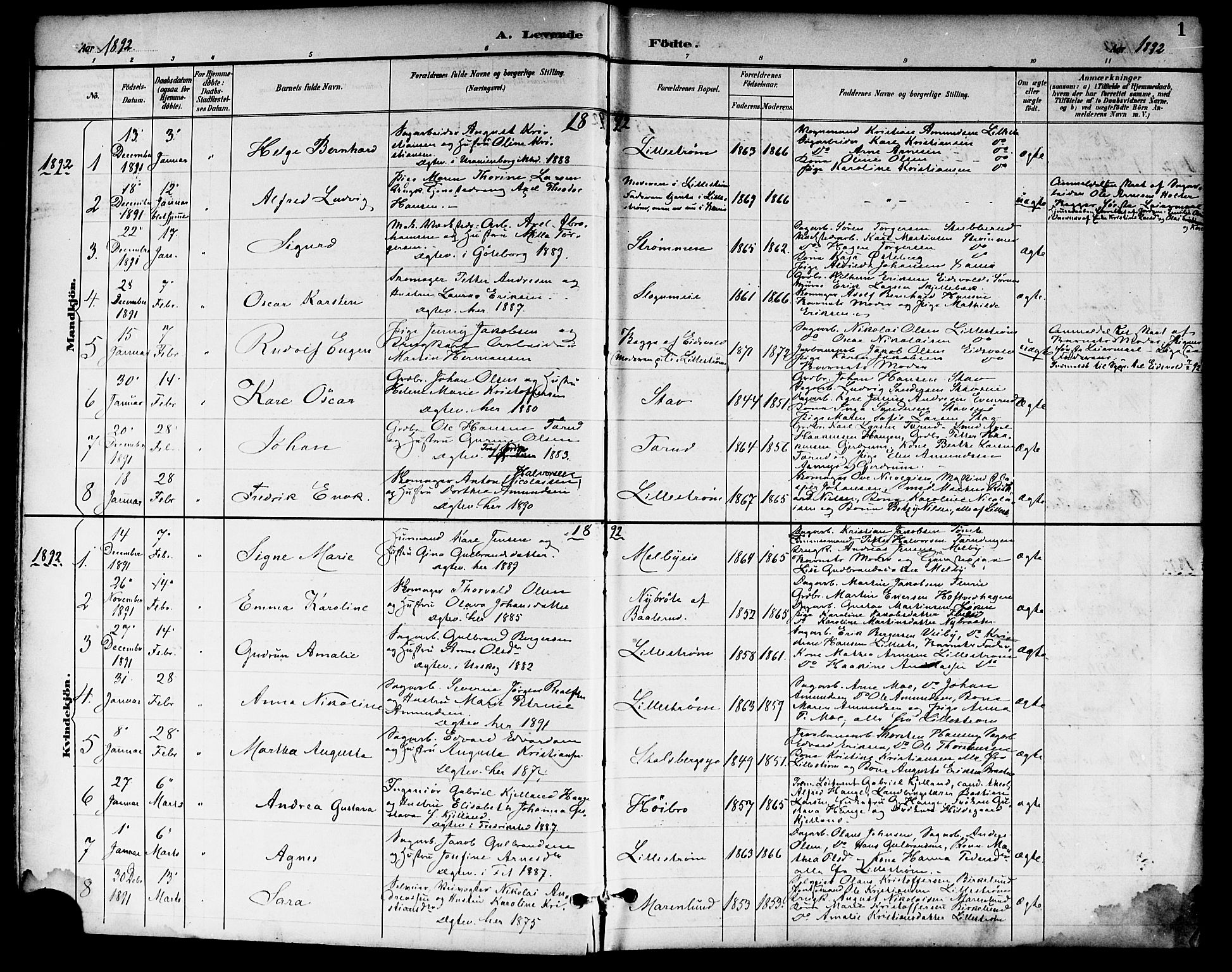 Skedsmo prestekontor Kirkebøker, AV/SAO-A-10033a/F/Fa/L0014: Ministerialbok nr. I 14, 1892-1901, s. 1