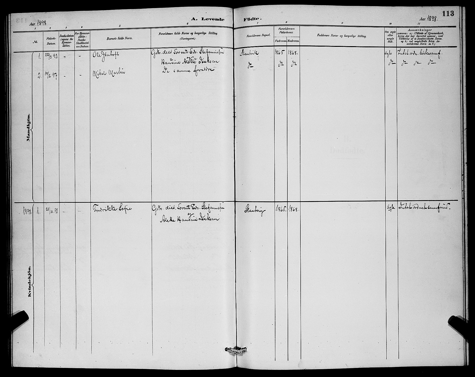 Lenvik sokneprestembete, SATØ/S-1310/H/Ha/Hab/L0007klokker: Klokkerbok nr. 7, 1890-1898, s. 113