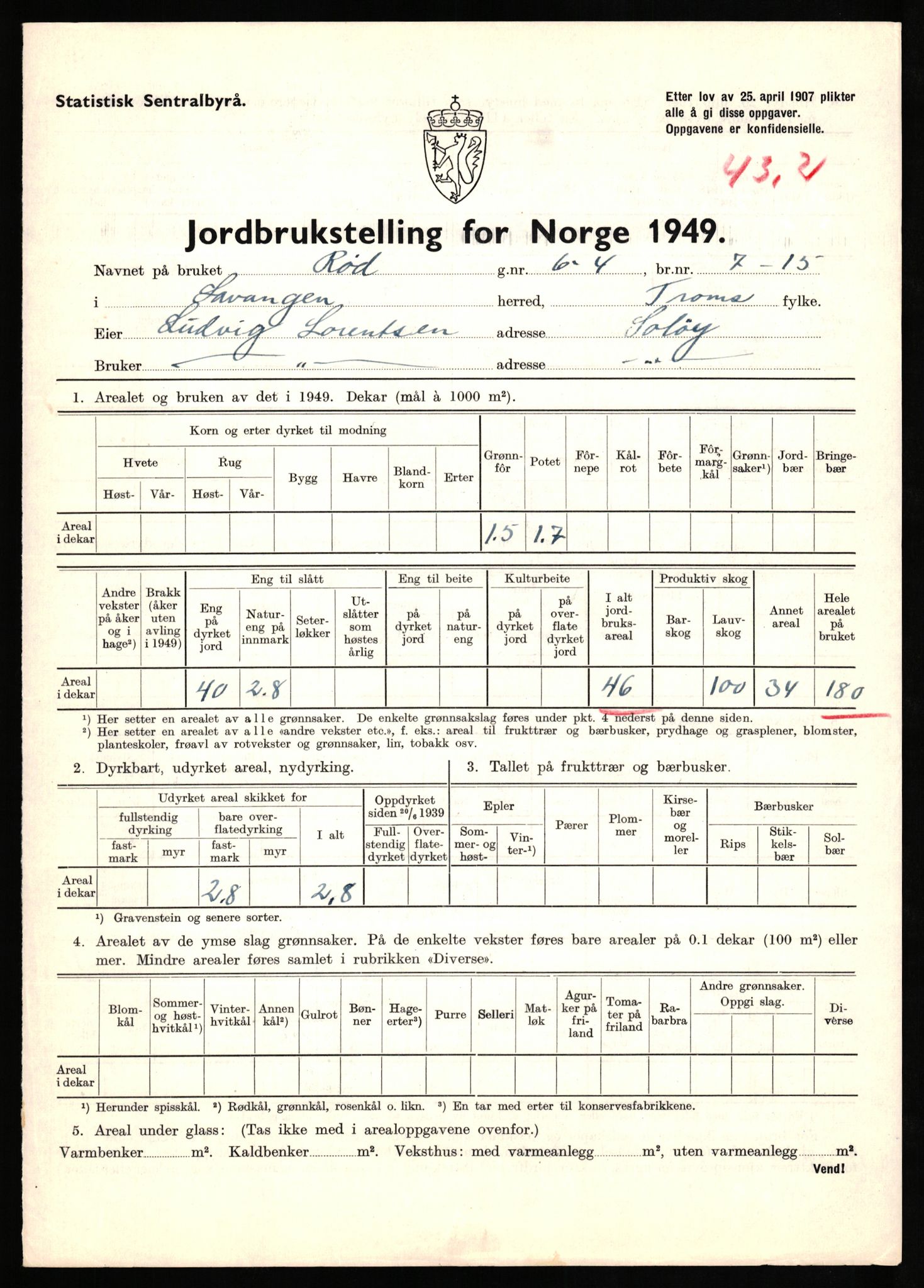 Statistisk sentralbyrå, Næringsøkonomiske emner, Jordbruk, skogbruk, jakt, fiske og fangst, AV/RA-S-2234/G/Gc/L0437: Troms: Gratangen og Lavangen, 1949, s. 370