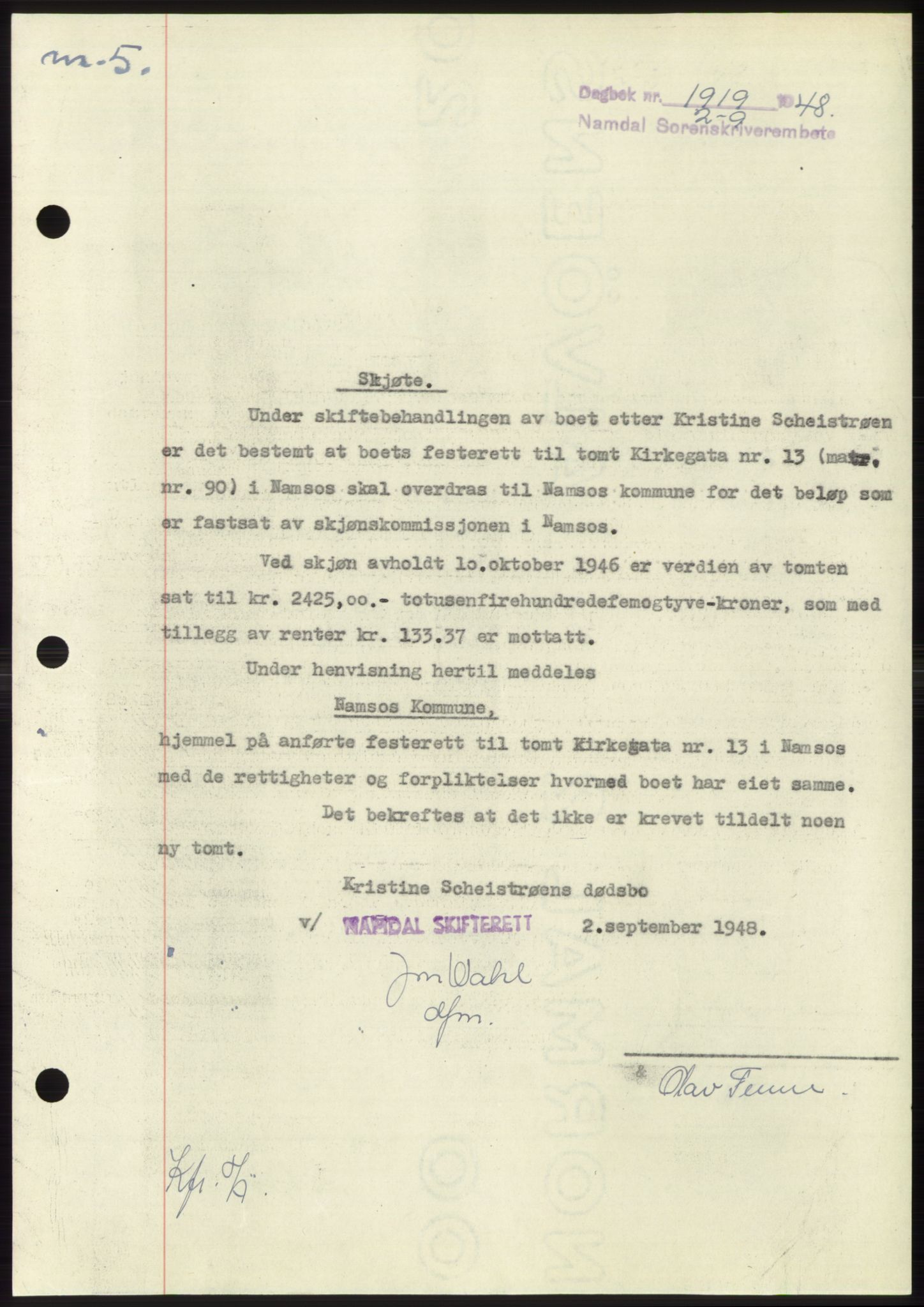 Namdal sorenskriveri, SAT/A-4133/1/2/2C: Pantebok nr. -, 1948-1948, Dagboknr: 1919/1948