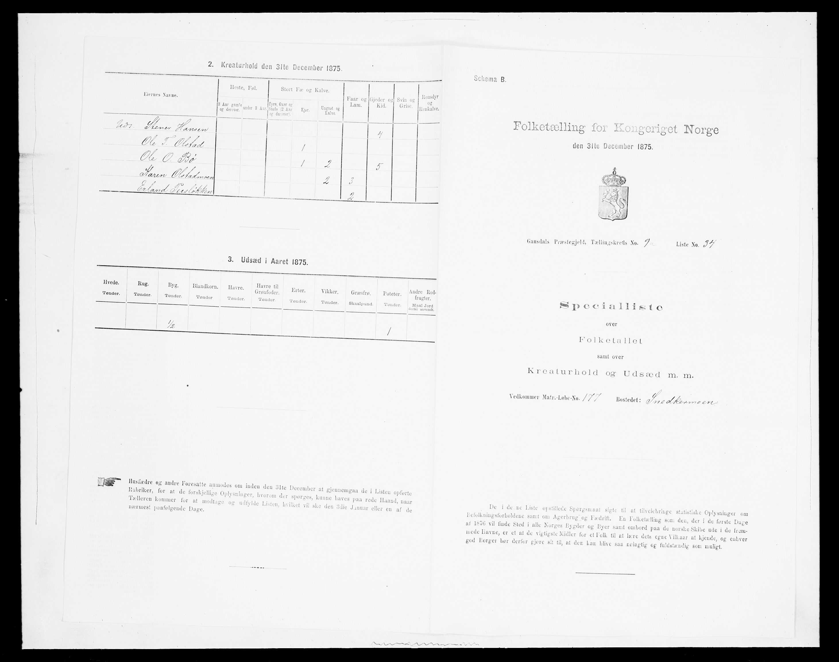 SAH, Folketelling 1875 for 0522P Gausdal prestegjeld, 1875, s. 1585