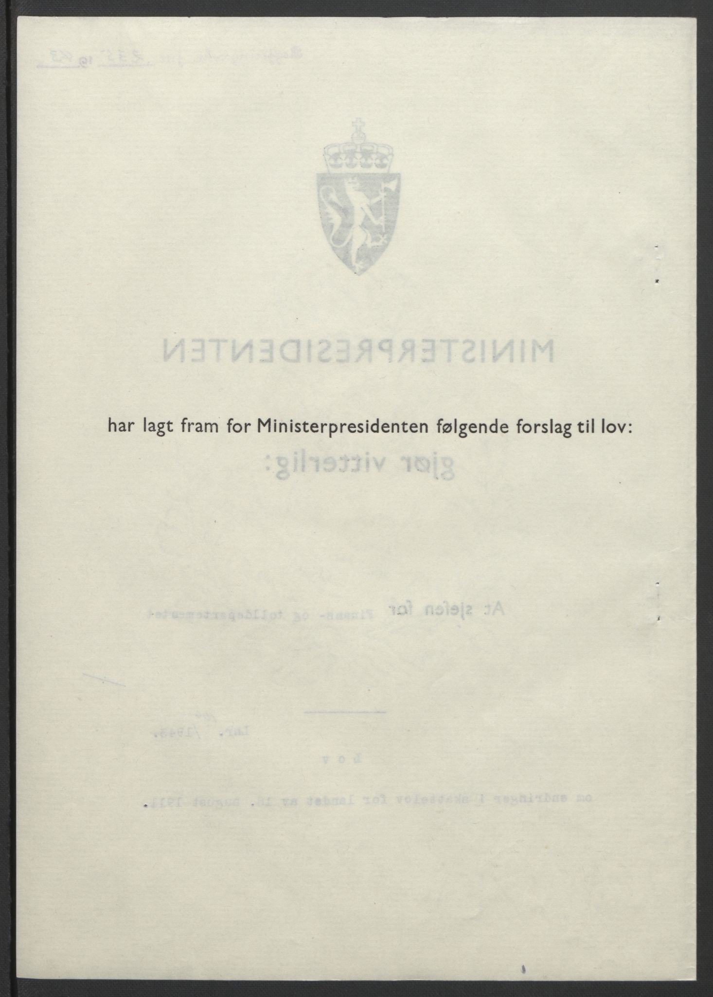 NS-administrasjonen 1940-1945 (Statsrådsekretariatet, de kommisariske statsråder mm), RA/S-4279/D/Db/L0099: Lover, 1943, s. 457