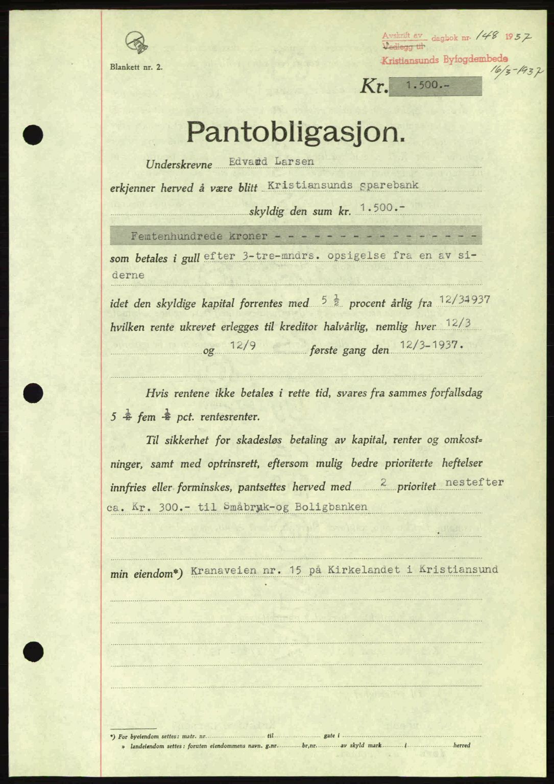 Kristiansund byfogd, SAT/A-4587/A/27: Pantebok nr. 29, 1936-1937, Dagboknr: 148/1937