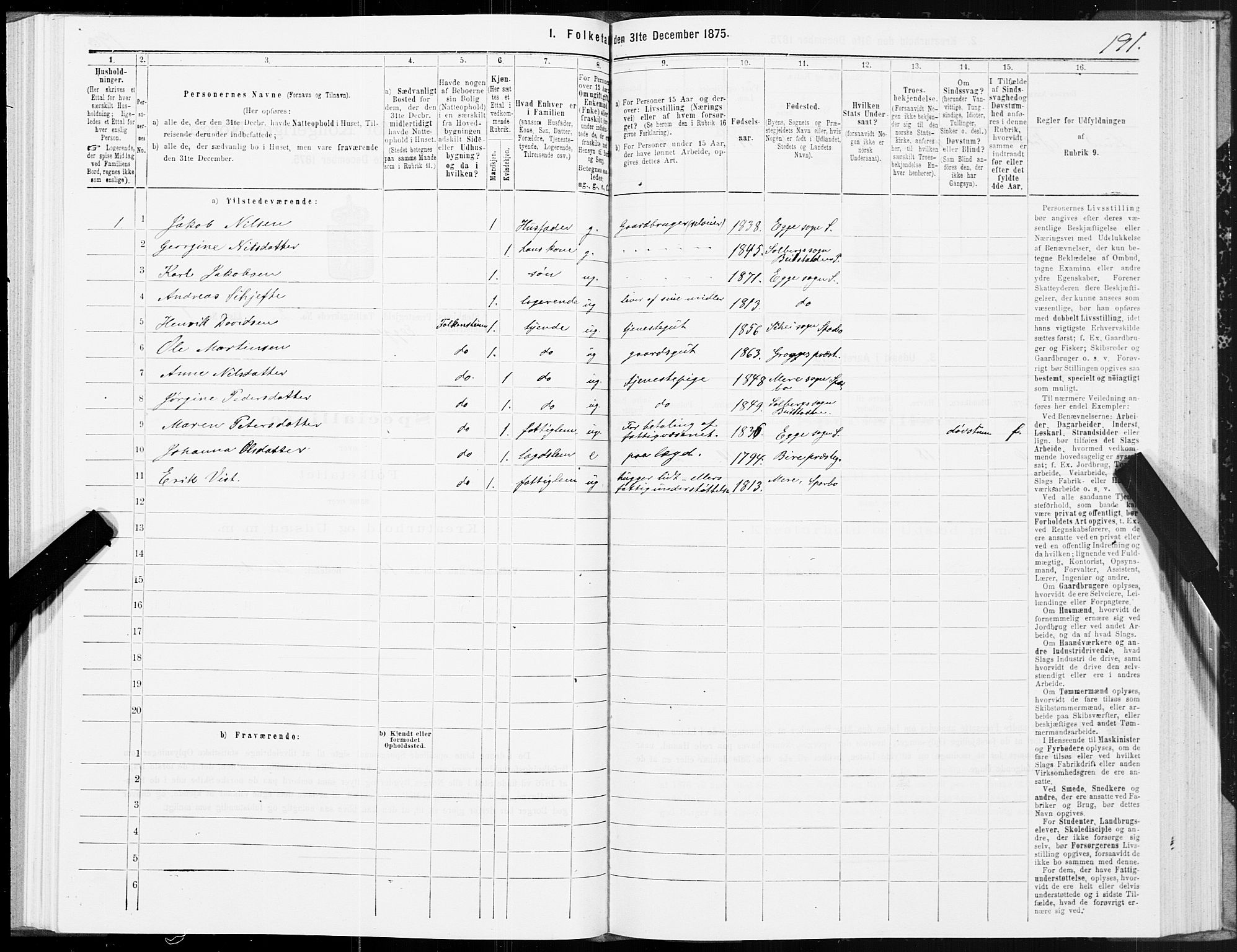 SAT, Folketelling 1875 for 1733L Steinkjer prestegjeld, Egge sokn, 1875, s. 1191