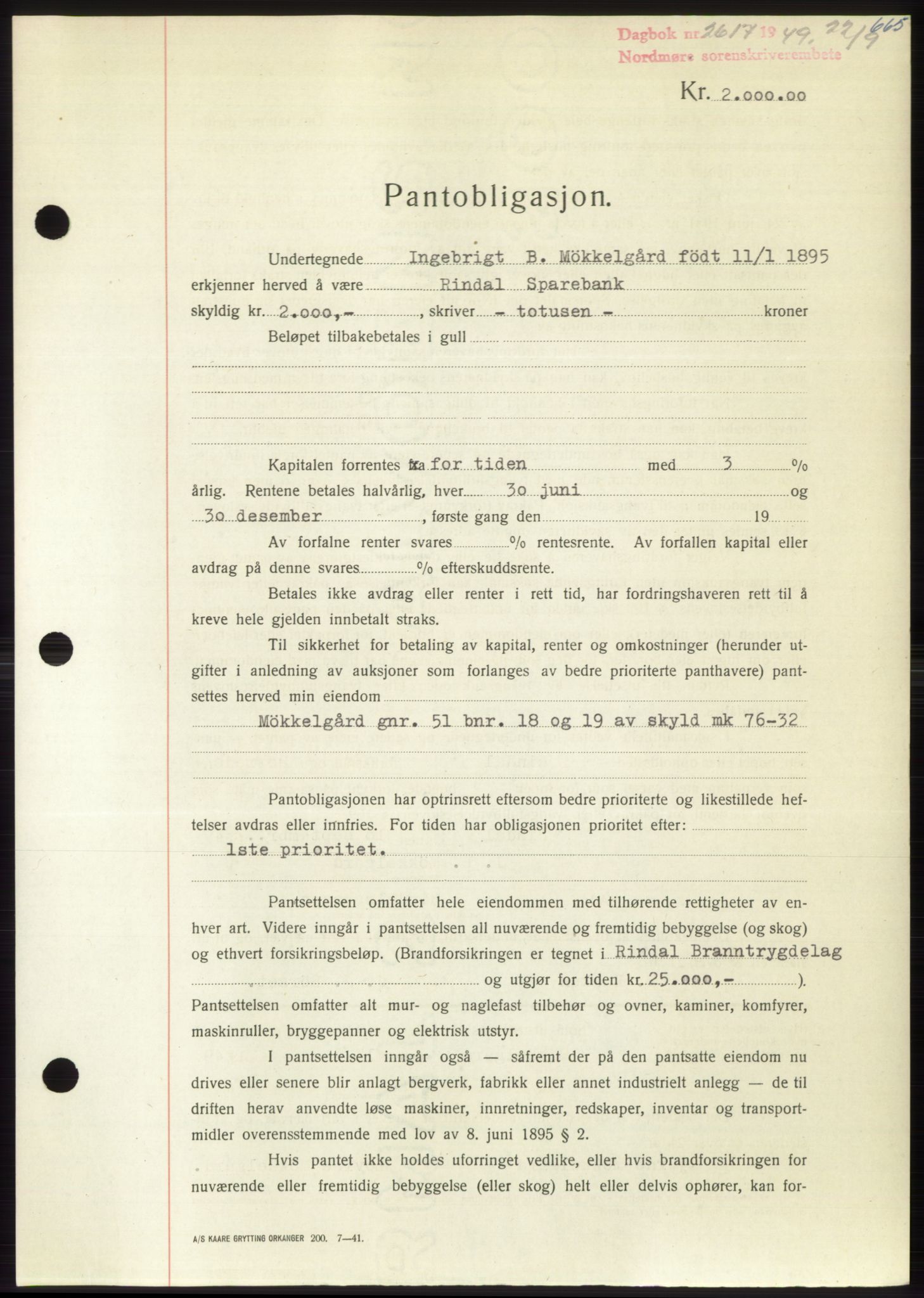 Nordmøre sorenskriveri, AV/SAT-A-4132/1/2/2Ca: Pantebok nr. B102, 1949-1949, Dagboknr: 2617/1949