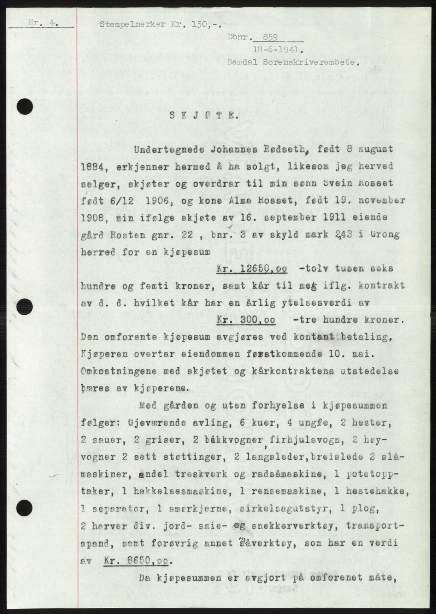 Namdal sorenskriveri, SAT/A-4133/1/2/2C: Pantebok nr. -, 1940-1941, Tingl.dato: 18.06.1941