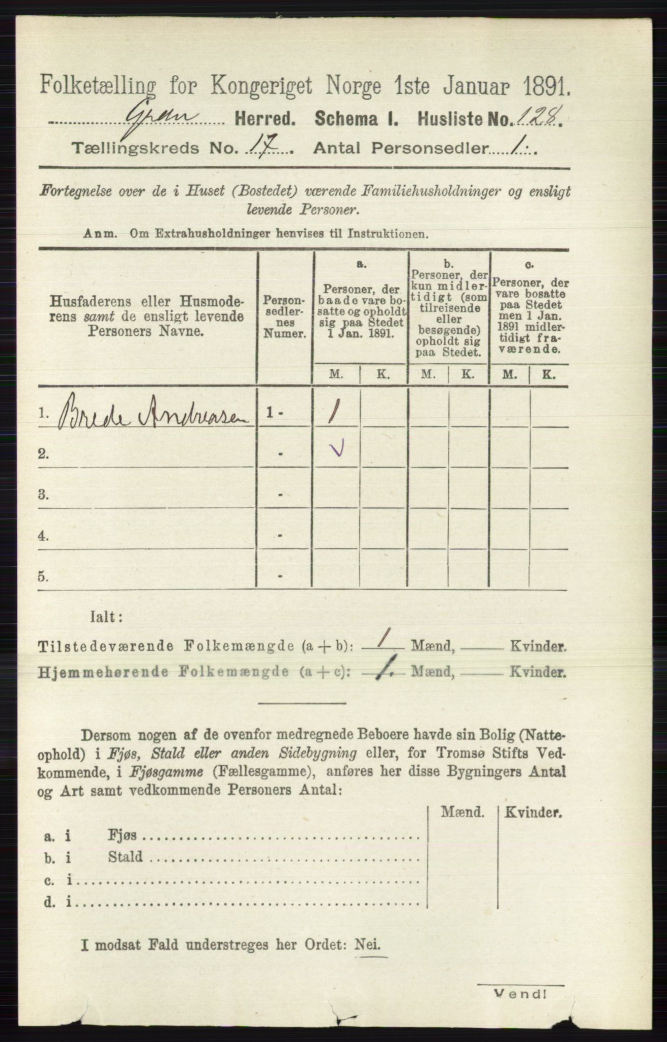 RA, Folketelling 1891 for 0534 Gran herred, 1891, s. 8730