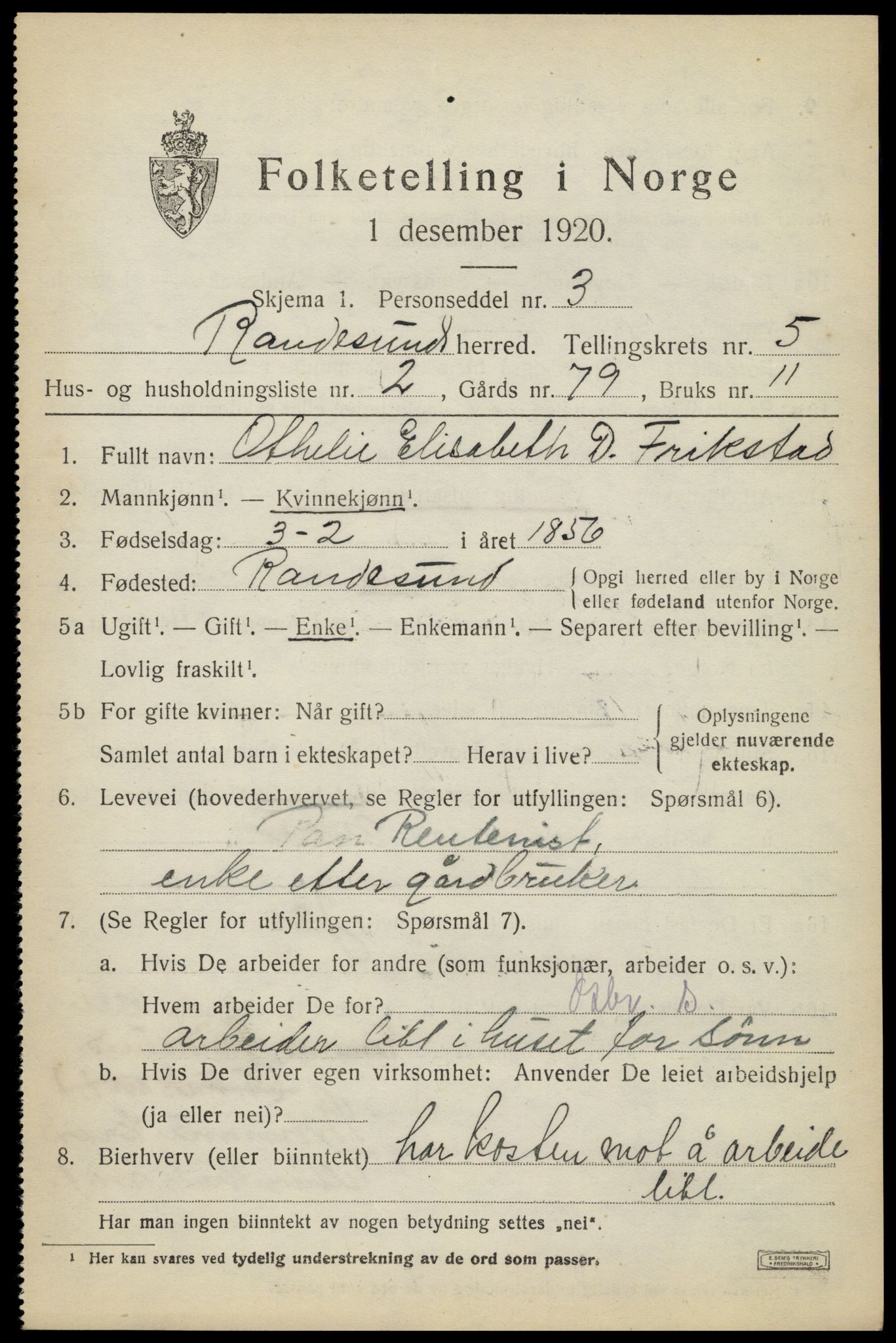 SAK, Folketelling 1920 for 1011 Randesund herred, 1920, s. 2330