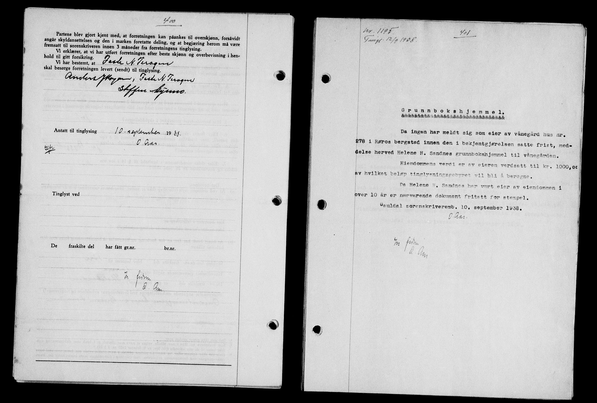 Gauldal sorenskriveri, SAT/A-0014/1/2/2C/L0049: Pantebok nr. 53, 1938-1938, Dagboknr: 1195/1938