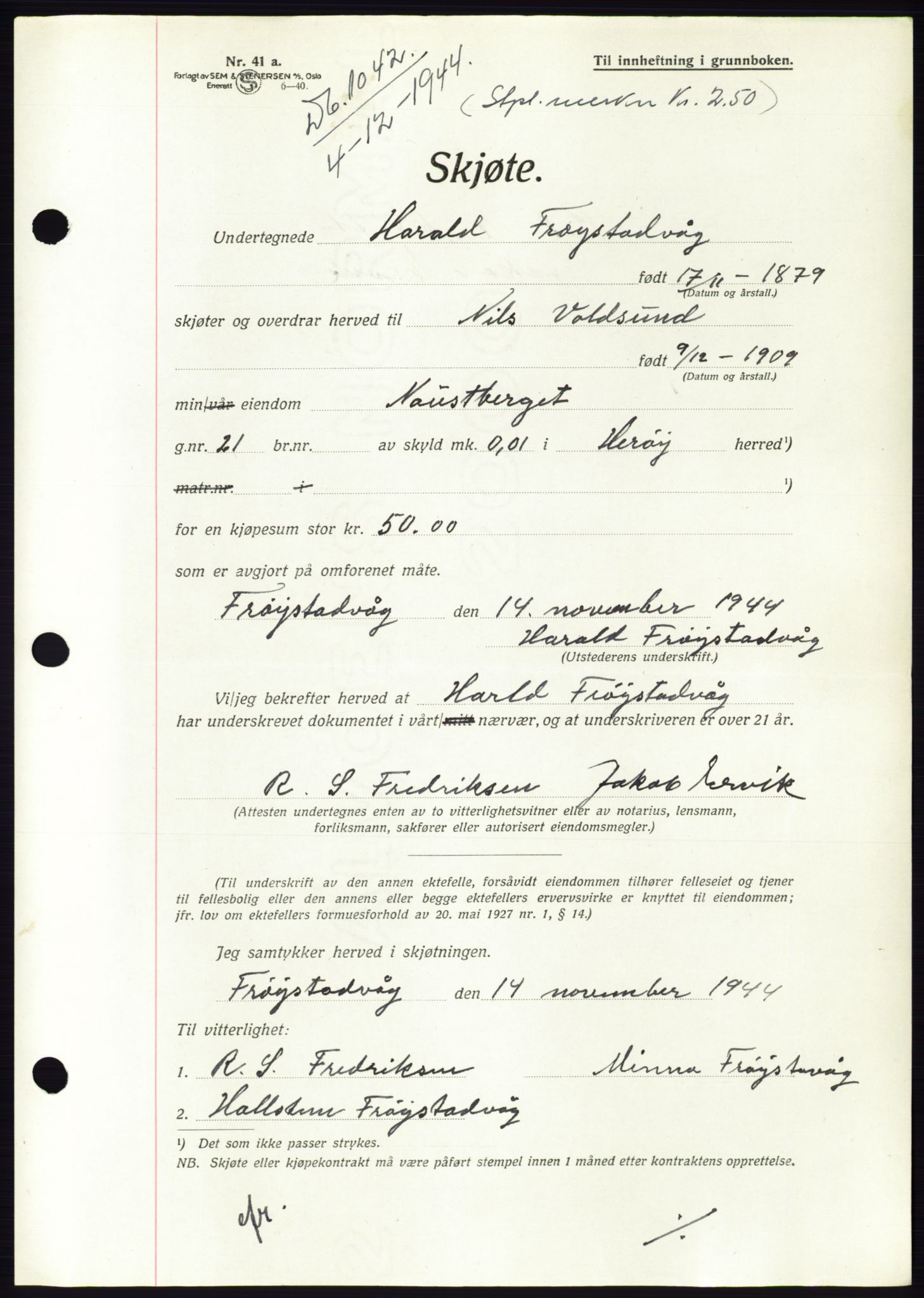 Søre Sunnmøre sorenskriveri, AV/SAT-A-4122/1/2/2C/L0076: Pantebok nr. 2A, 1943-1944, Dagboknr: 1042/1944