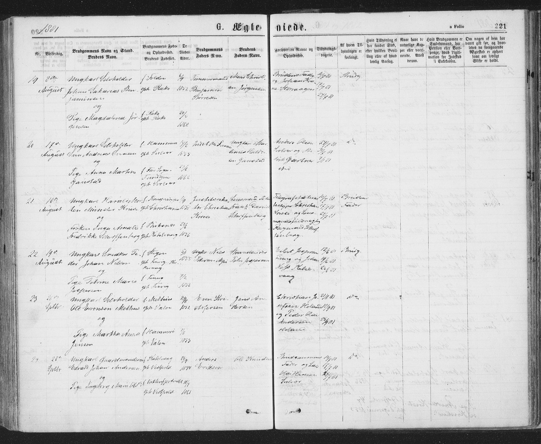 Ministerialprotokoller, klokkerbøker og fødselsregistre - Nordland, SAT/A-1459/874/L1058: Ministerialbok nr. 874A02, 1878-1883, s. 221