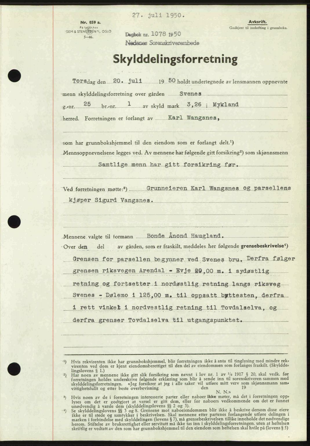 Nedenes sorenskriveri, SAK/1221-0006/G/Gb/Gba/L0063: Pantebok nr. A15, 1950-1950, Dagboknr: 1078/1950