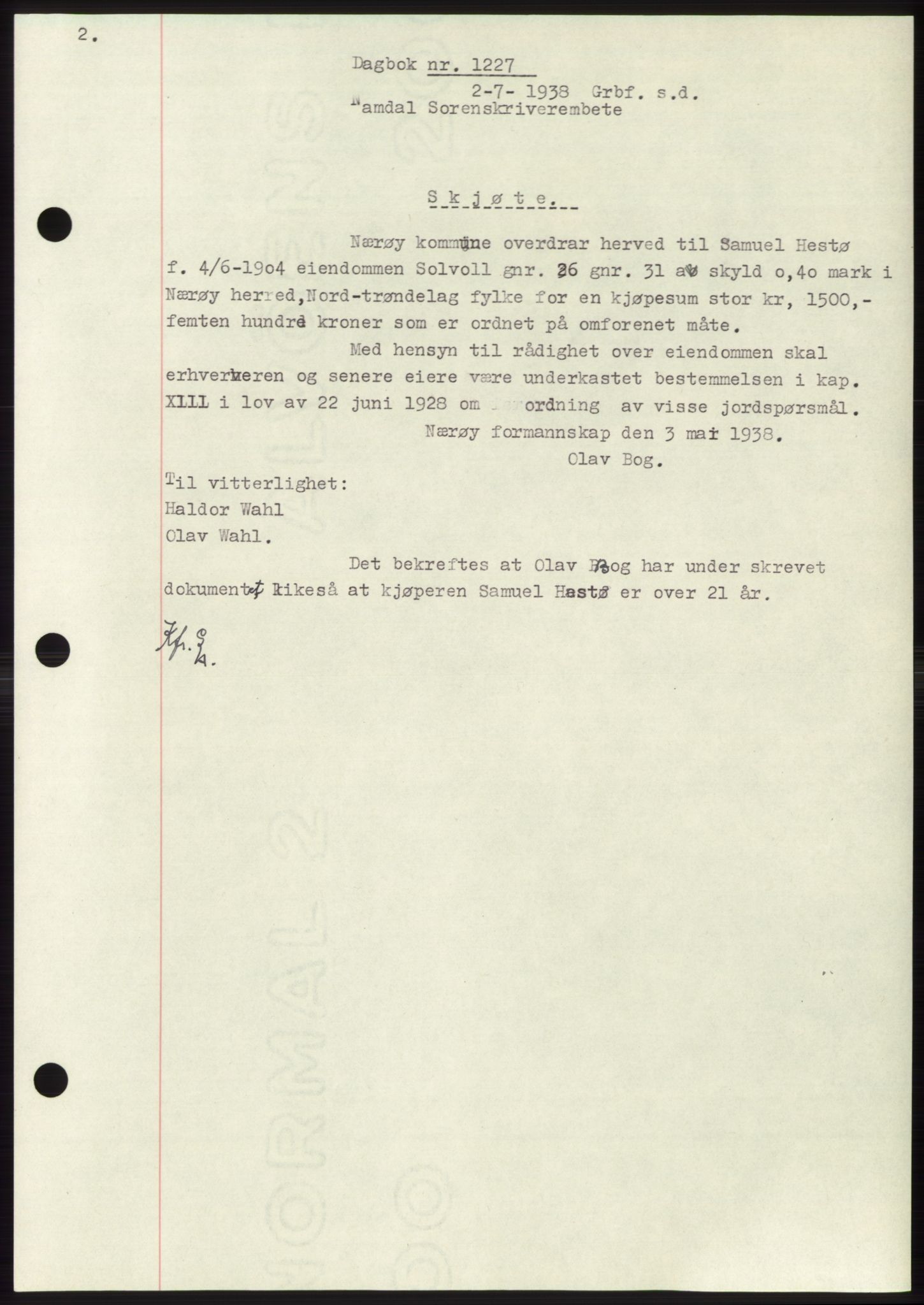 Namdal sorenskriveri, SAT/A-4133/1/2/2C: Pantebok nr. -, 1937-1939, Tingl.dato: 02.07.1938