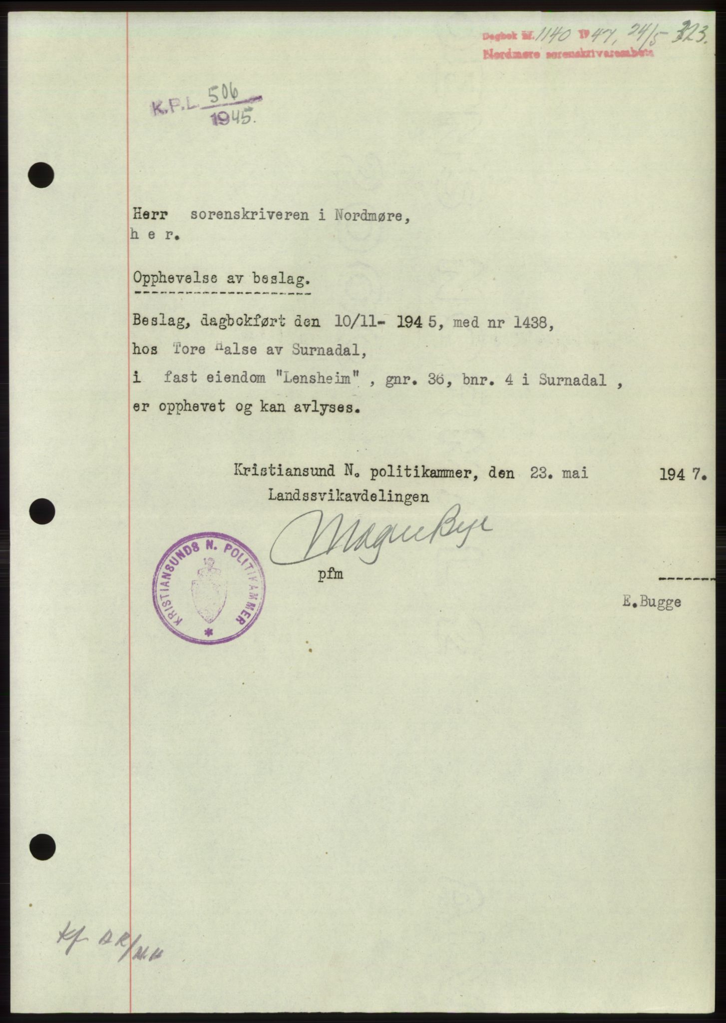 Nordmøre sorenskriveri, SAT/A-4132/1/2/2Ca: Pantebok nr. B96, 1947-1947, Dagboknr: 1140/1947