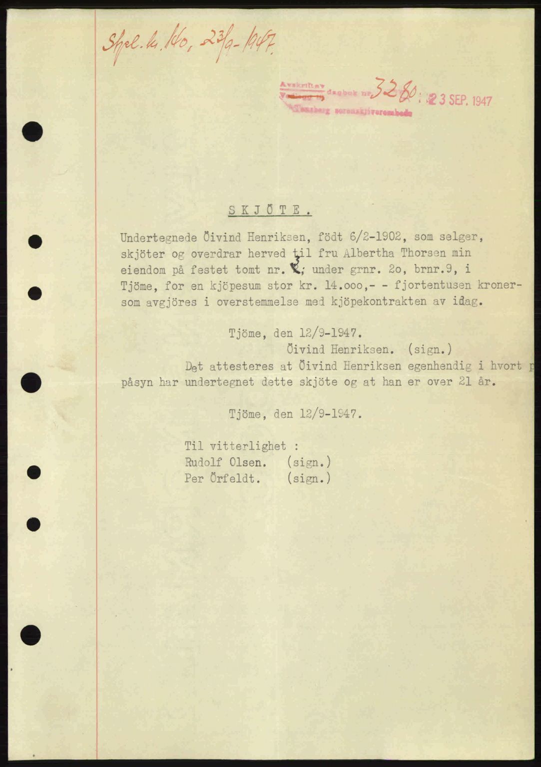 Tønsberg sorenskriveri, SAKO/A-130/G/Ga/Gaa/L0022: Pantebok nr. A22, 1947-1947, Dagboknr: 3280/1947