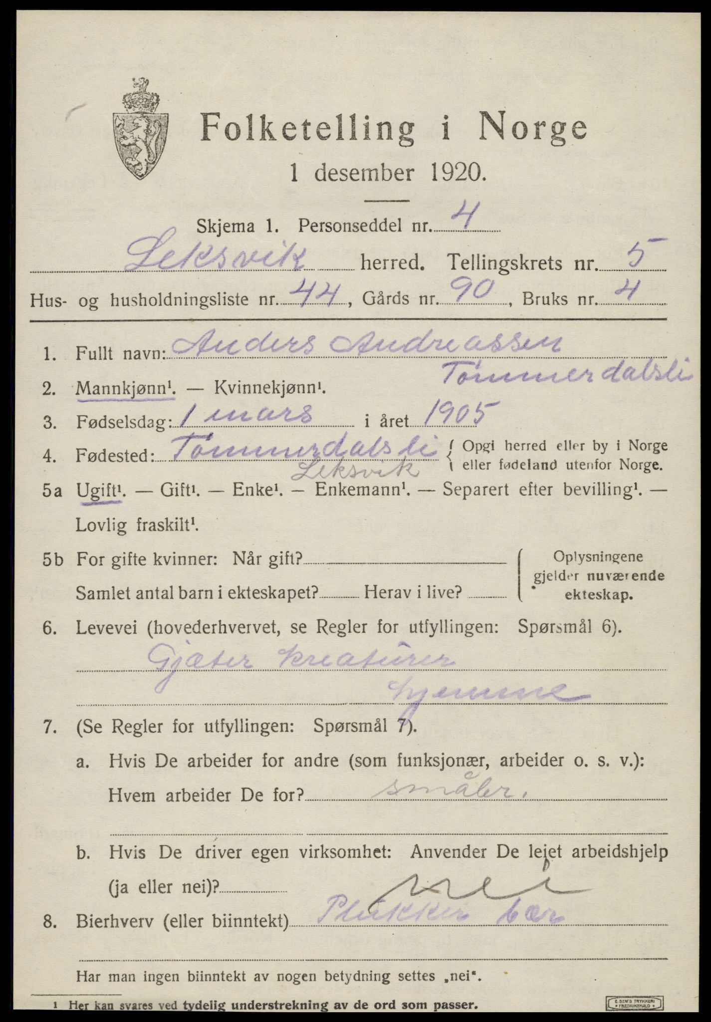 SAT, Folketelling 1920 for 1718 Leksvik herred, 1920, s. 5370