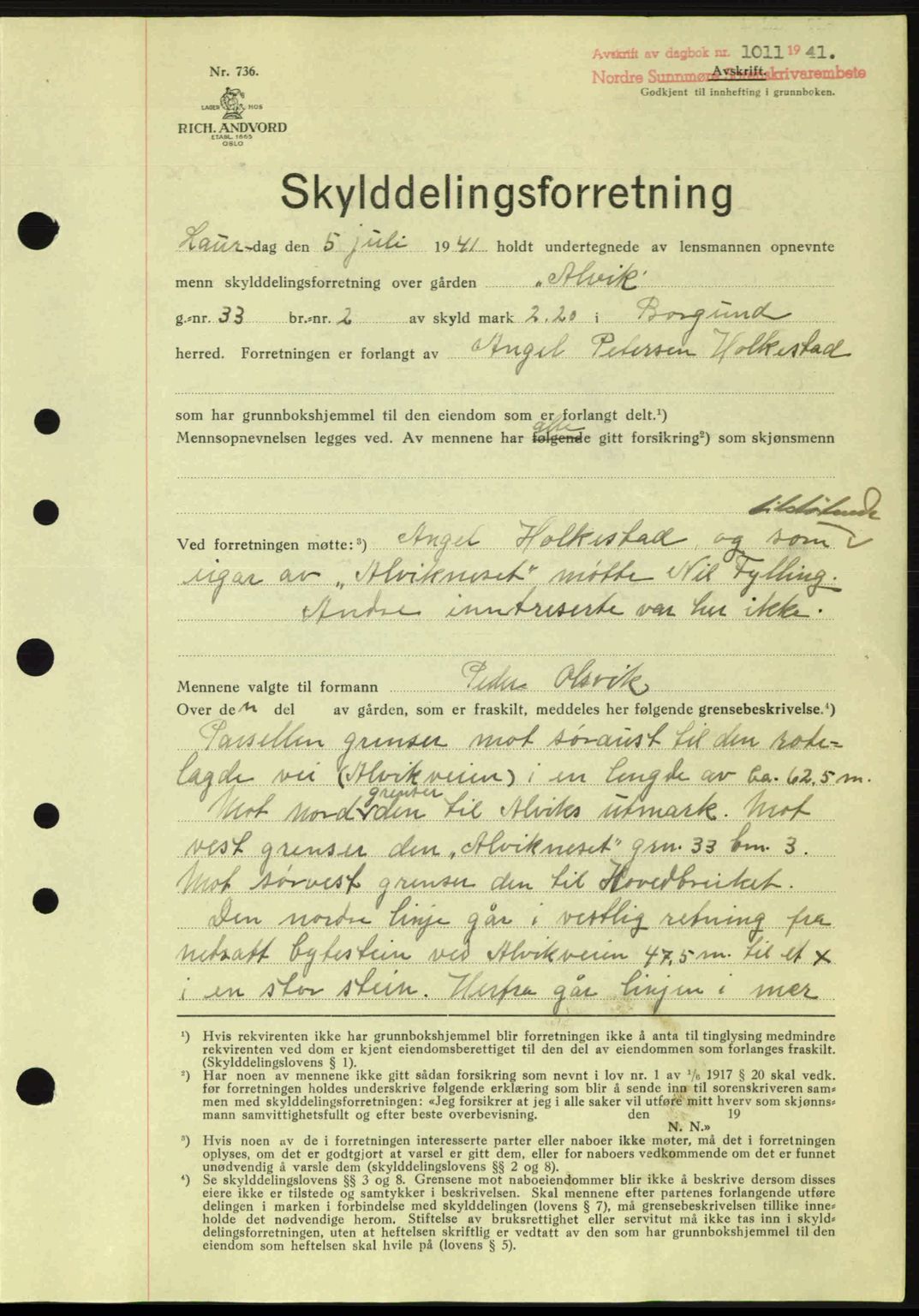 Nordre Sunnmøre sorenskriveri, SAT/A-0006/1/2/2C/2Ca: Pantebok nr. A11, 1941-1941, Dagboknr: 1011/1941