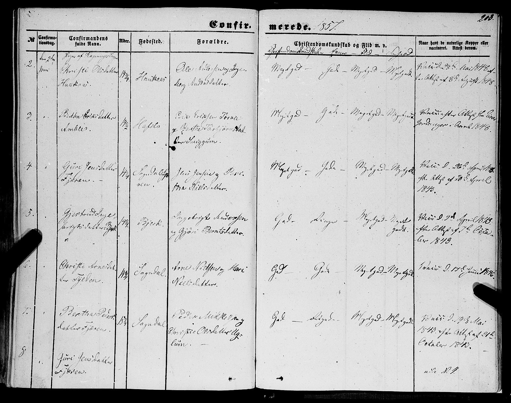Sogndal sokneprestembete, AV/SAB-A-81301/H/Haa/Haaa/L0012I: Ministerialbok nr. A 12I, 1847-1859, s. 203