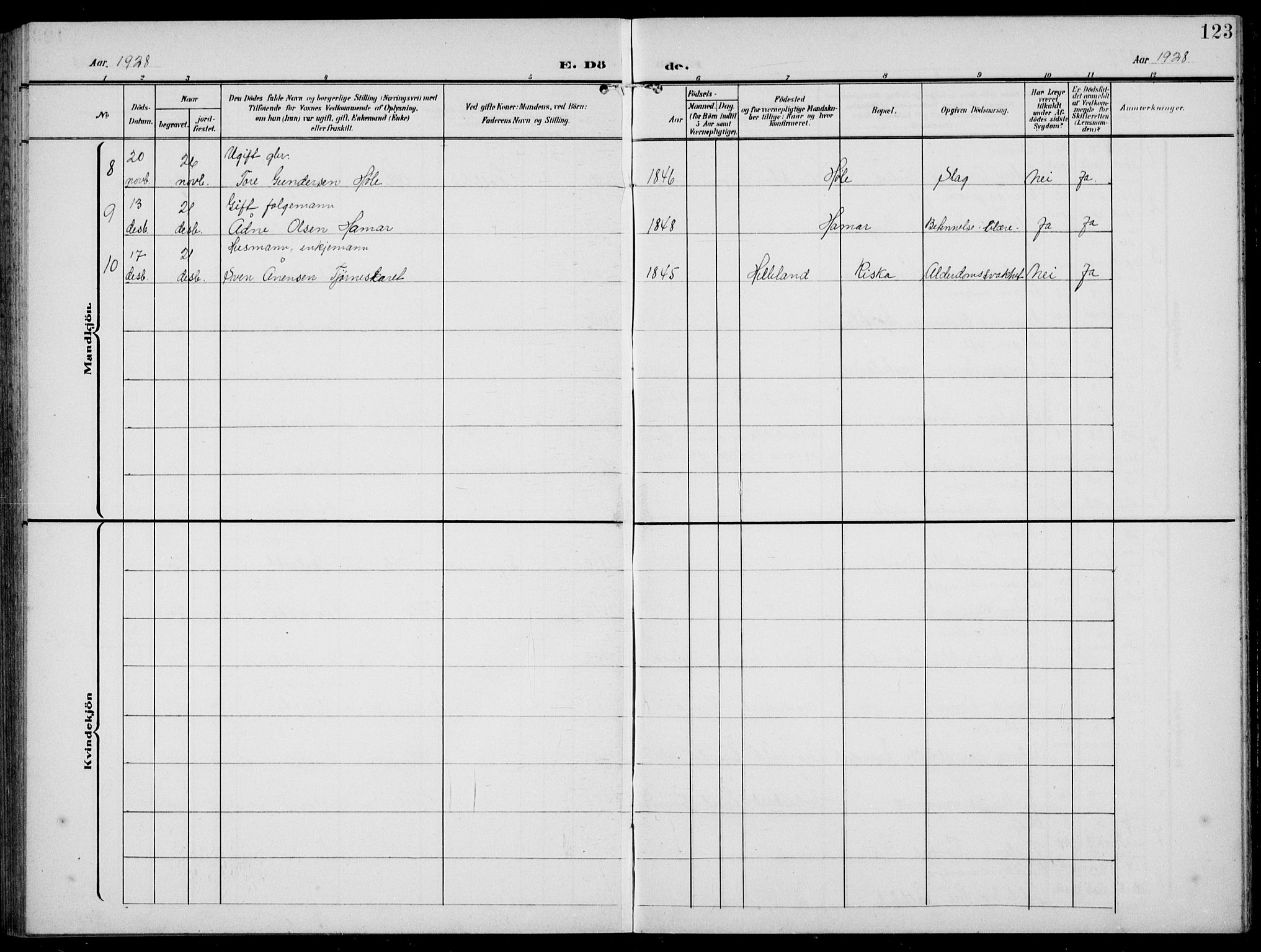 Høgsfjord sokneprestkontor, AV/SAST-A-101624/H/Ha/Hab/L0004: Klokkerbok nr. B 4, 1906-1938, s. 123