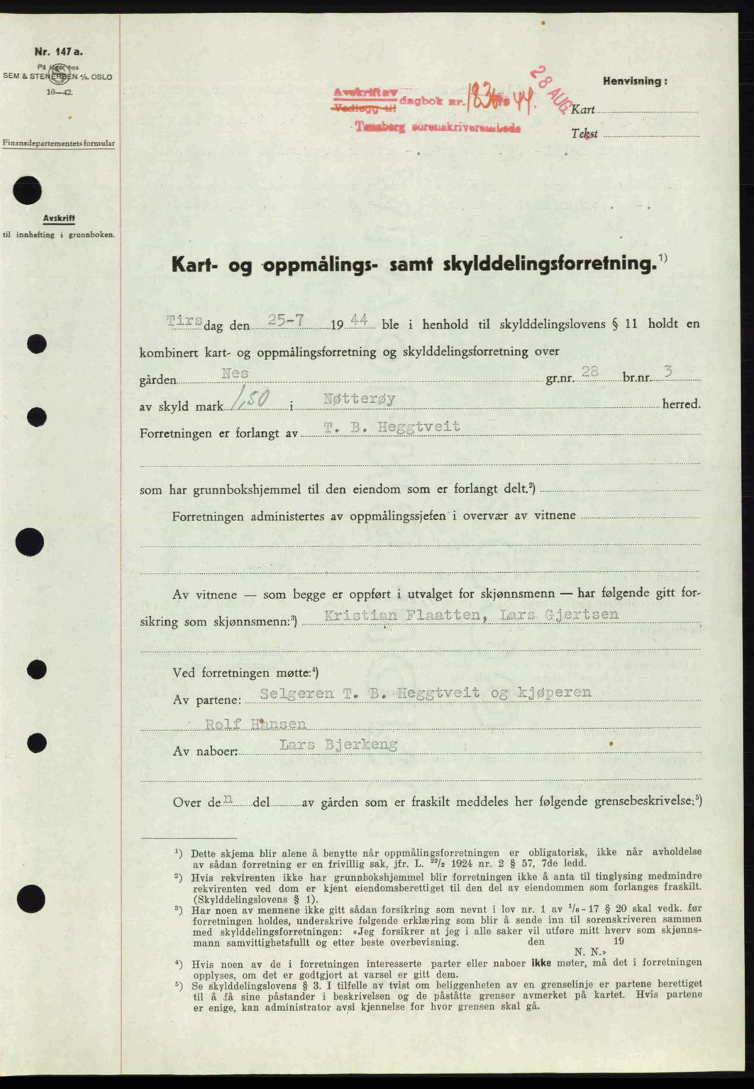 Tønsberg sorenskriveri, AV/SAKO-A-130/G/Ga/Gaa/L0015: Pantebok nr. A15, 1944-1944, Dagboknr: 1836/1944