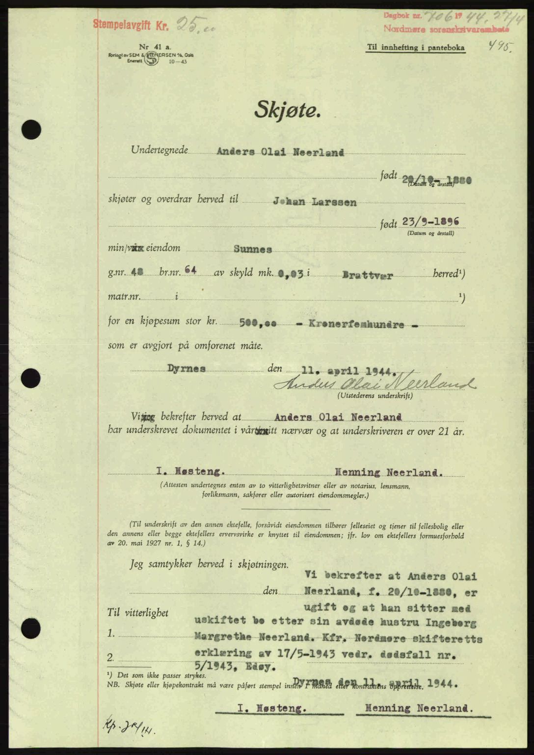 Nordmøre sorenskriveri, AV/SAT-A-4132/1/2/2Ca: Pantebok nr. A97, 1944-1944, Dagboknr: 706/1944