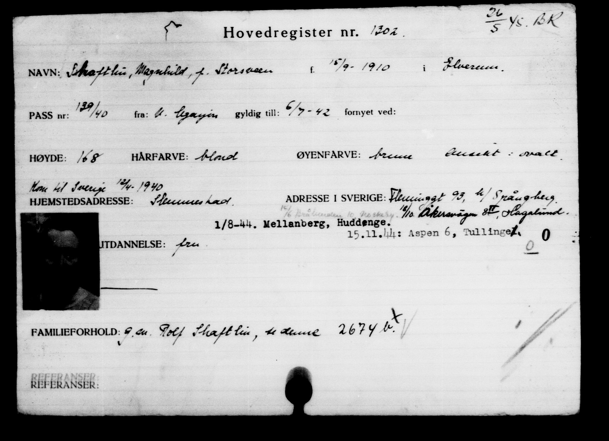 Utenriksstasjonene, Legasjonen i Stockholm, Flyktningkontoret, AV/RA-S-6753/V/Va/L0002: Kjesäterkartoteket, flyktninger med registreringsnr. 1001-2000, 1940-1945, s. 440
