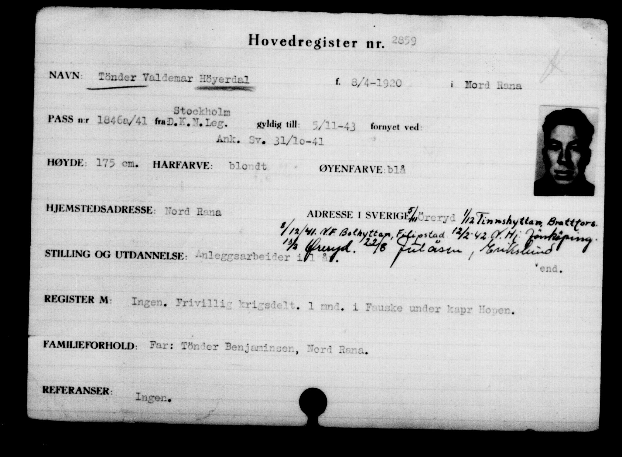 Utenriksstasjonene, Legasjonen i Stockholm, Flyktningkontoret, AV/RA-S-6753/V/Va/L0003: Kjesäterkartoteket, flyktninger med registreringsnr. 2001-3495, 1940-1945, s. 1258