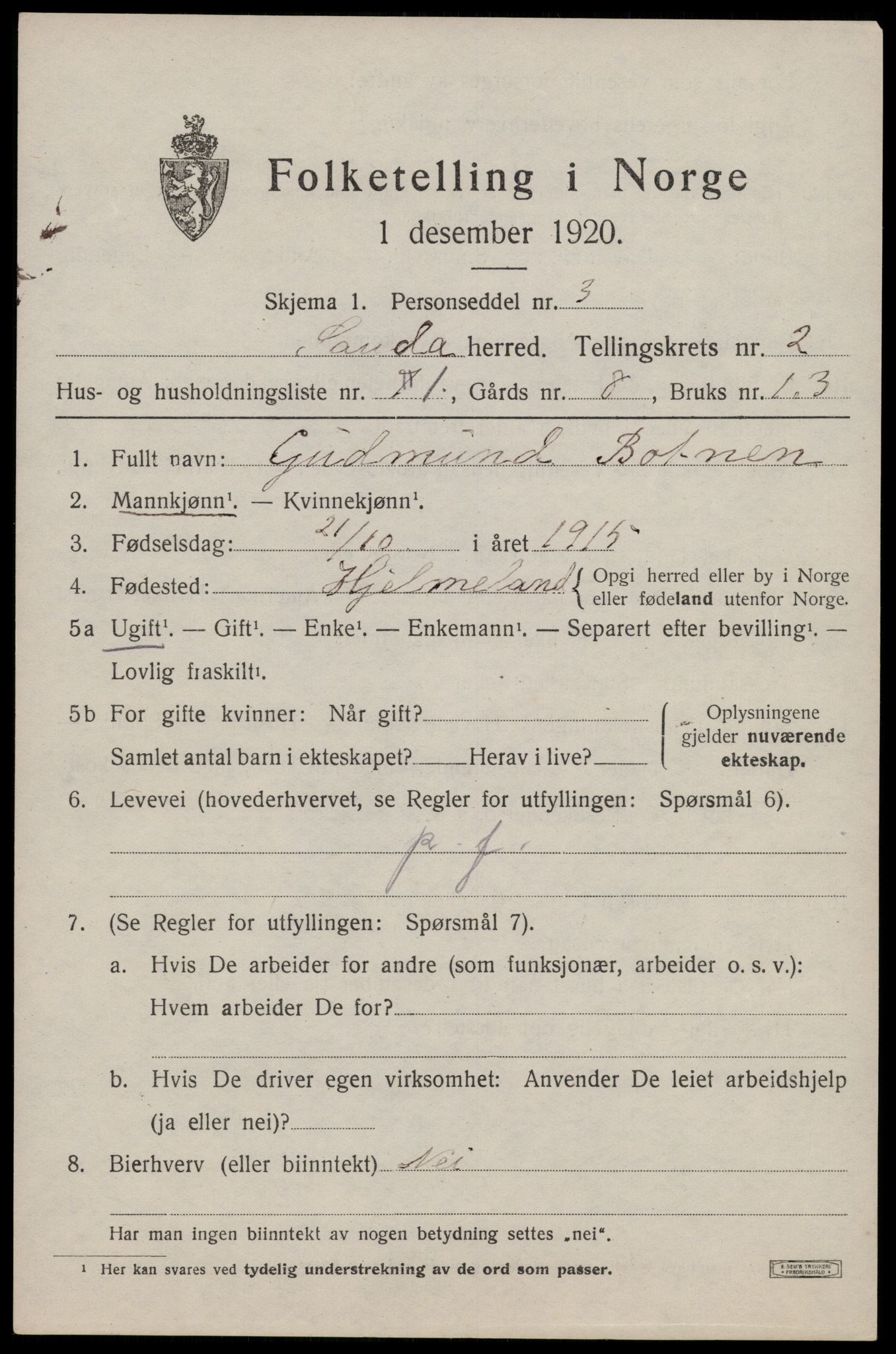 SAST, Folketelling 1920 for 1135 Sauda herred, 1920, s. 936