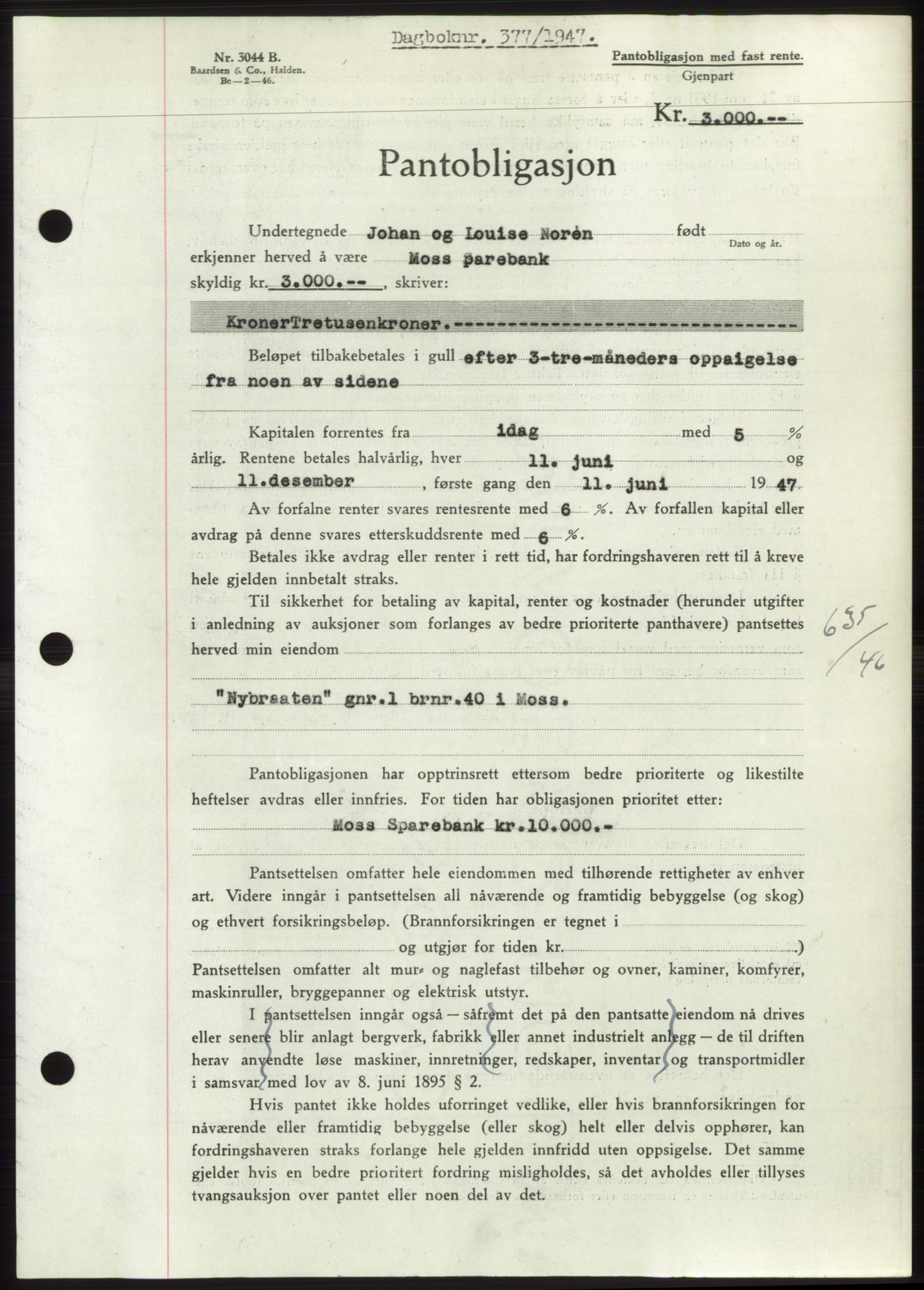 Moss sorenskriveri, SAO/A-10168: Pantebok nr. B16, 1946-1947, Dagboknr: 377/1947