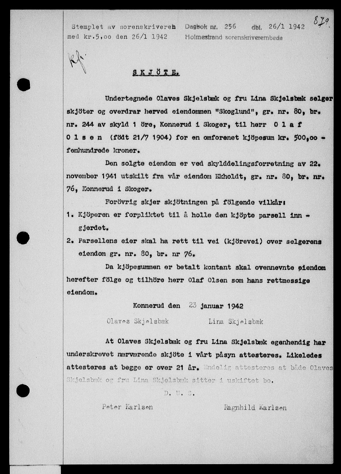 Holmestrand sorenskriveri, SAKO/A-67/G/Ga/Gaa/L0054: Pantebok nr. A-54, 1941-1942, Dagboknr: 256/1942