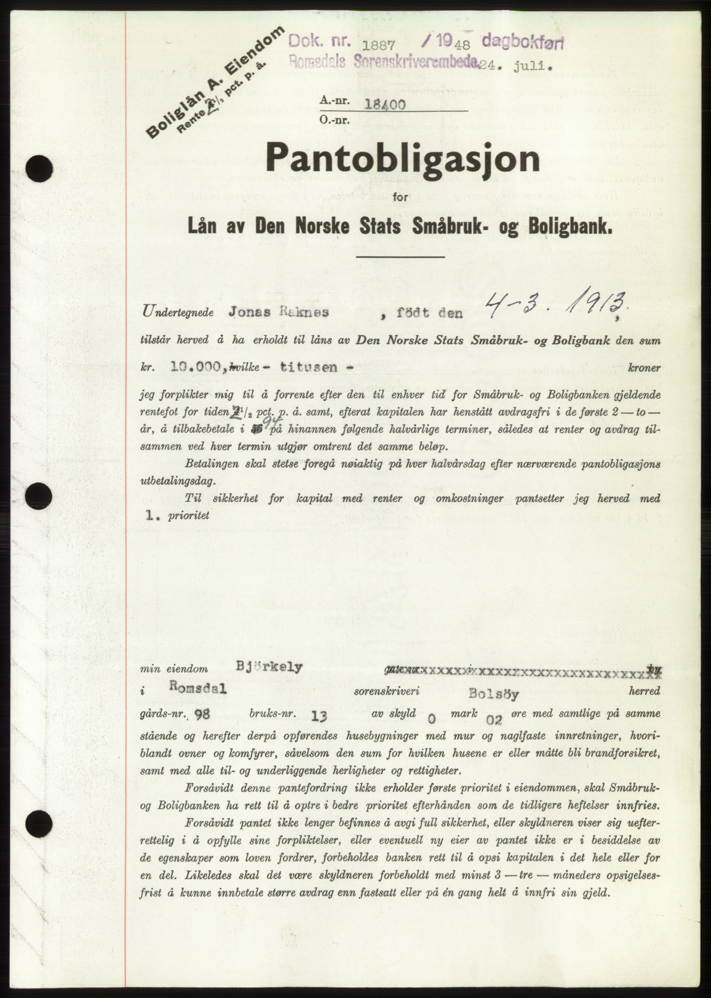 Romsdal sorenskriveri, SAT/A-4149/1/2/2C: Pantebok nr. B4, 1948-1949, Dagboknr: 1887/1948